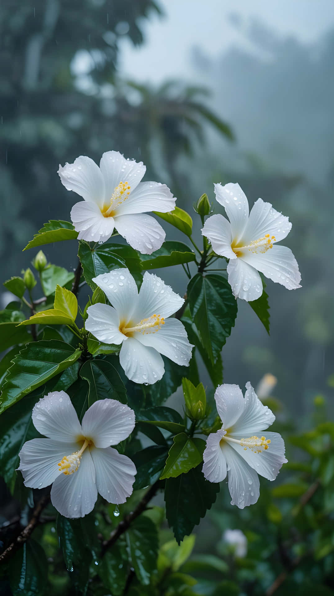 白色芙蓉花，黃色花心，帶有露珠，在霧氣瀰漫的雨林中綠葉上。