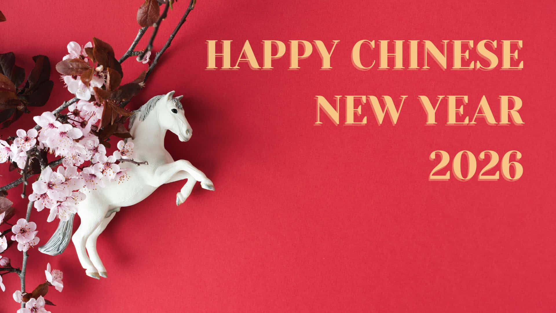  壁紙 — 一隻白色馬雕像在鮮紅色背景襯托下，伴隨著粉紅色櫻花跳躍，並帶有金色農曆新年文字。