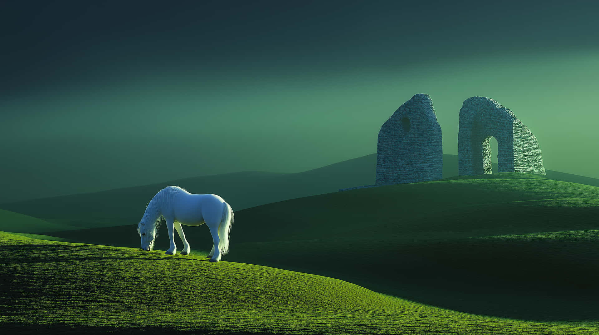 白馬在綠色山丘上吃草，背景有石拱門，青綠色天空