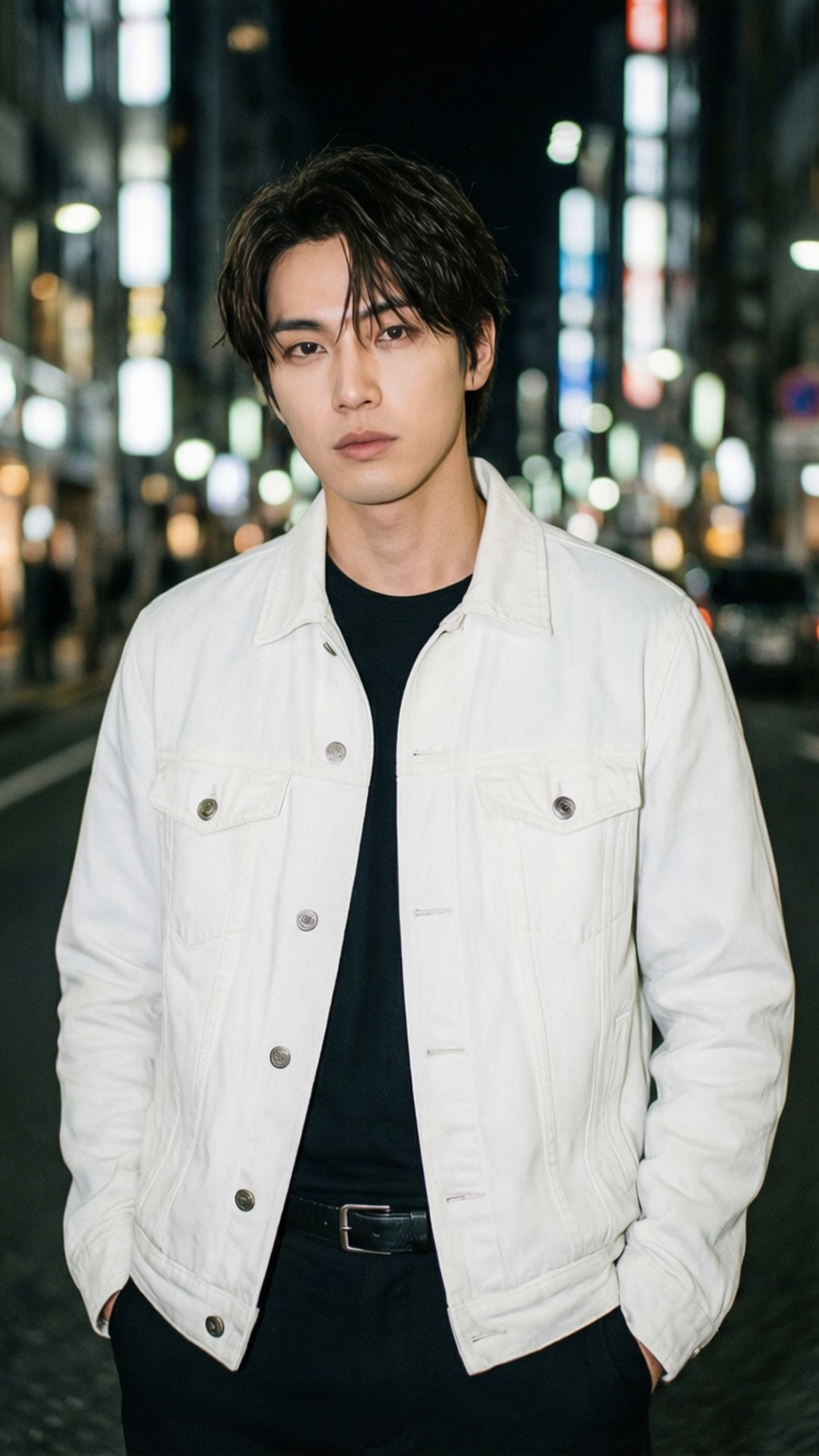 年輕男子身穿白色牛仔外套站在夜晚霓虹燈閃爍的東京街頭