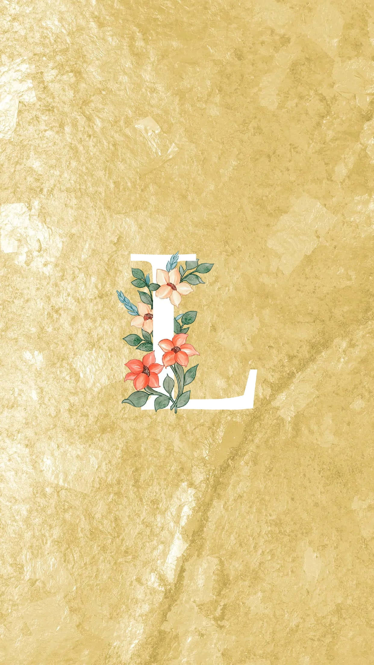 L 桌布 壁紙 — 白色字母L飾有珊瑚花和綠葉，在帶紋理的金色背景上格外突出。