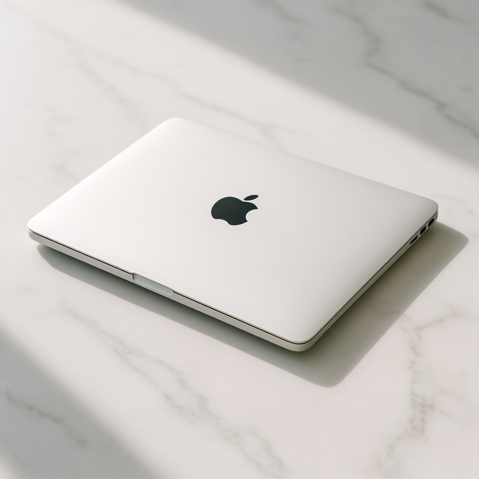 關閉的銀色 MacBook 在白色大理石表面上，帶有柔和陽光陰影