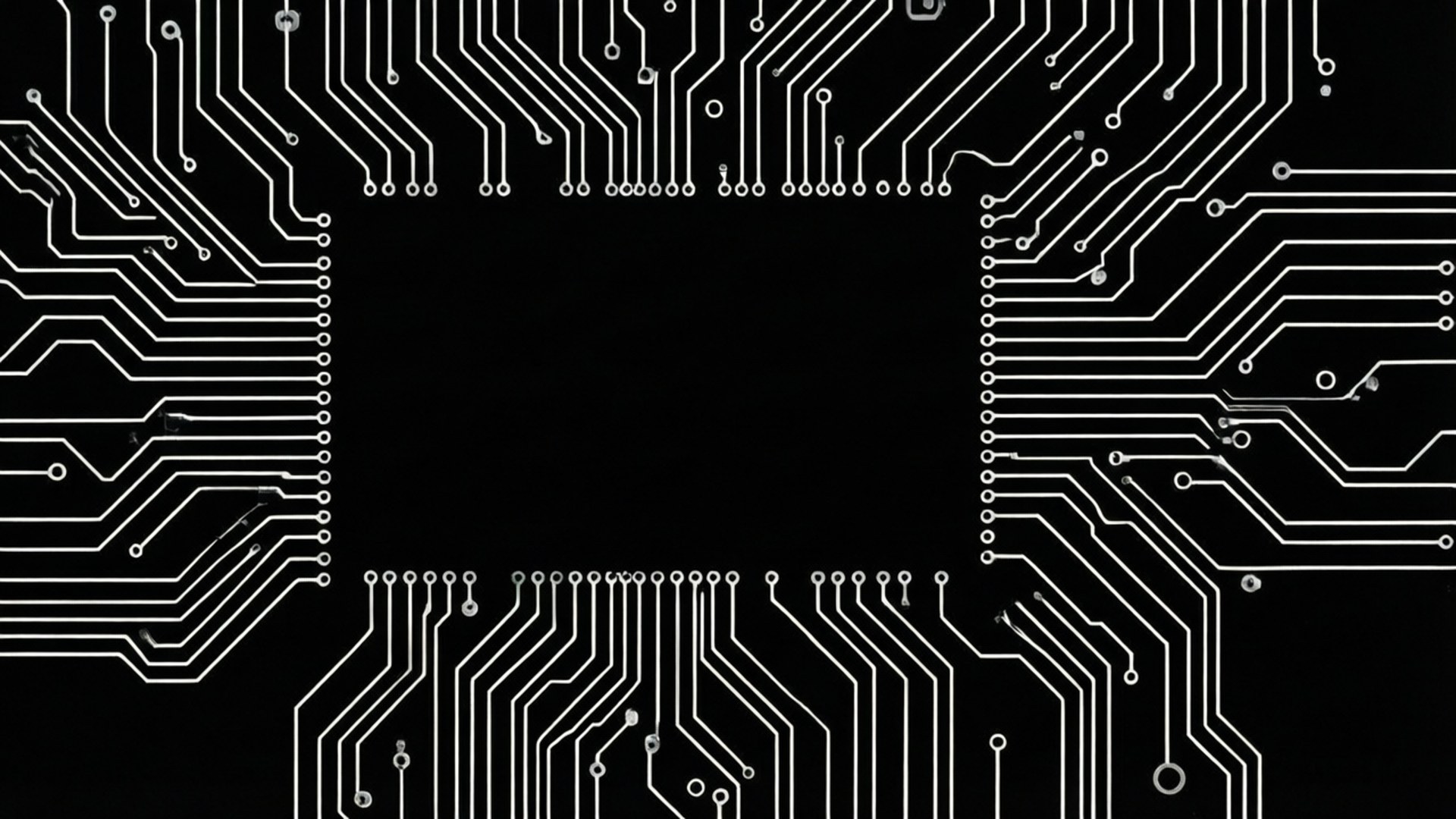 White on Black Circuit 壁紙 — 白色電路板路徑在純黑色背景上框出中央黑色空洞。