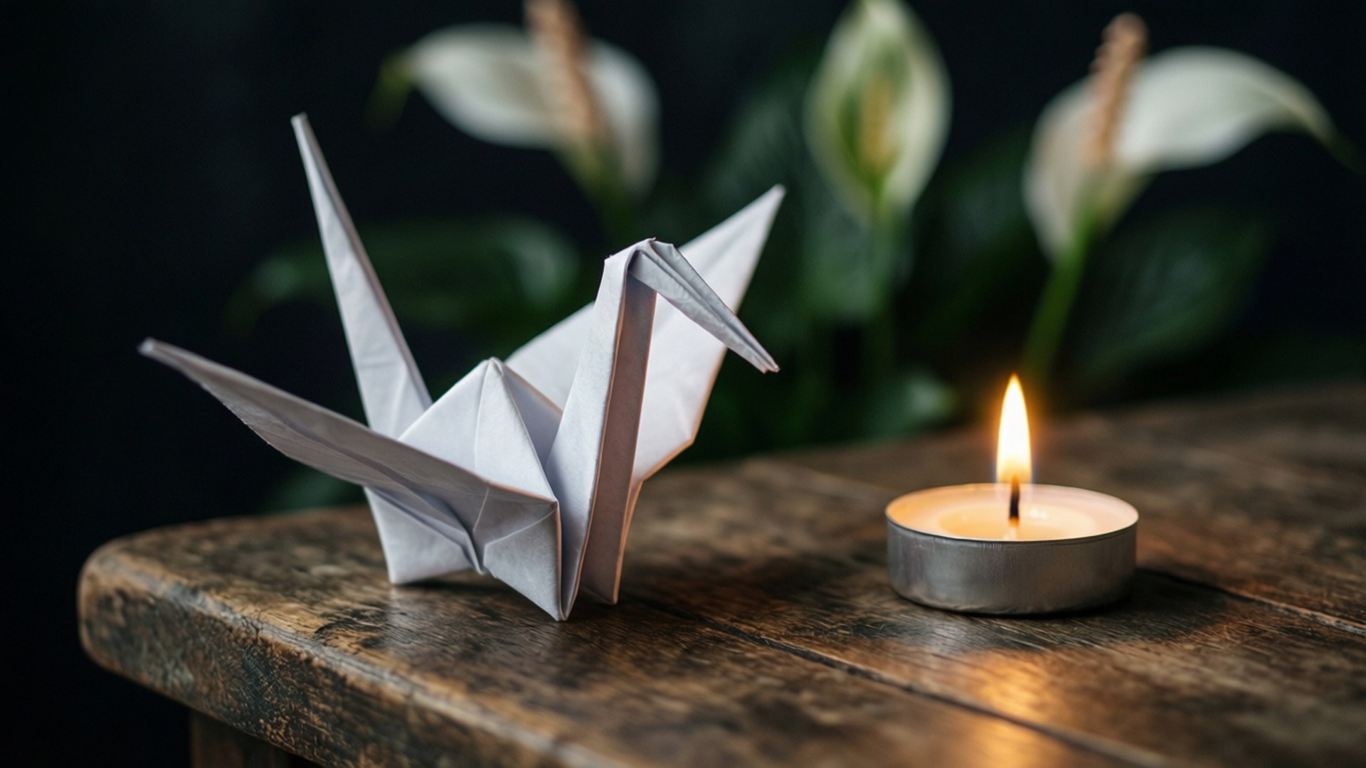 International Day Of Peace 桌布 壁紙 — 一隻精緻的白色摺紙鶴放在一張質樸的木桌上，旁邊有一根發光的蠟燭，背景是模糊的和平百合。
