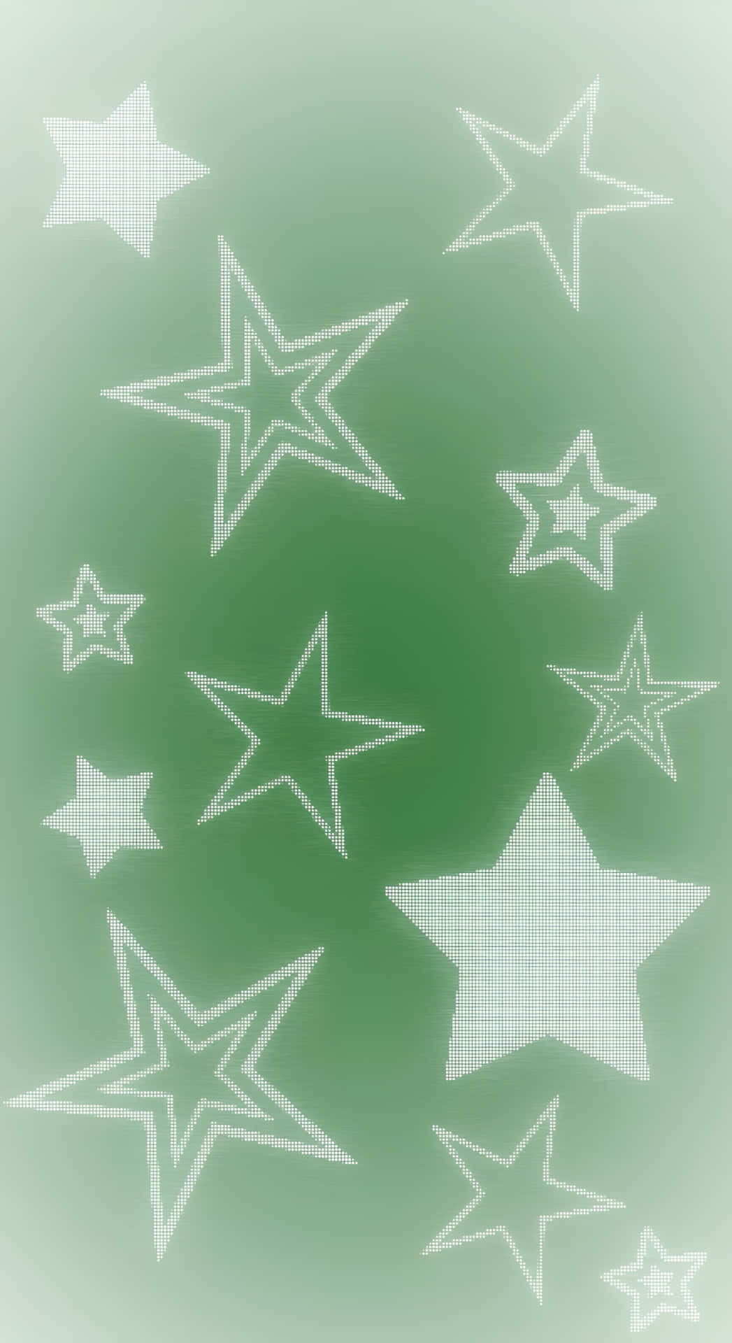  壁紙 — 白色像素星星在柔和漸變綠色背景上漂浮，呈現極簡數位藝術風格。