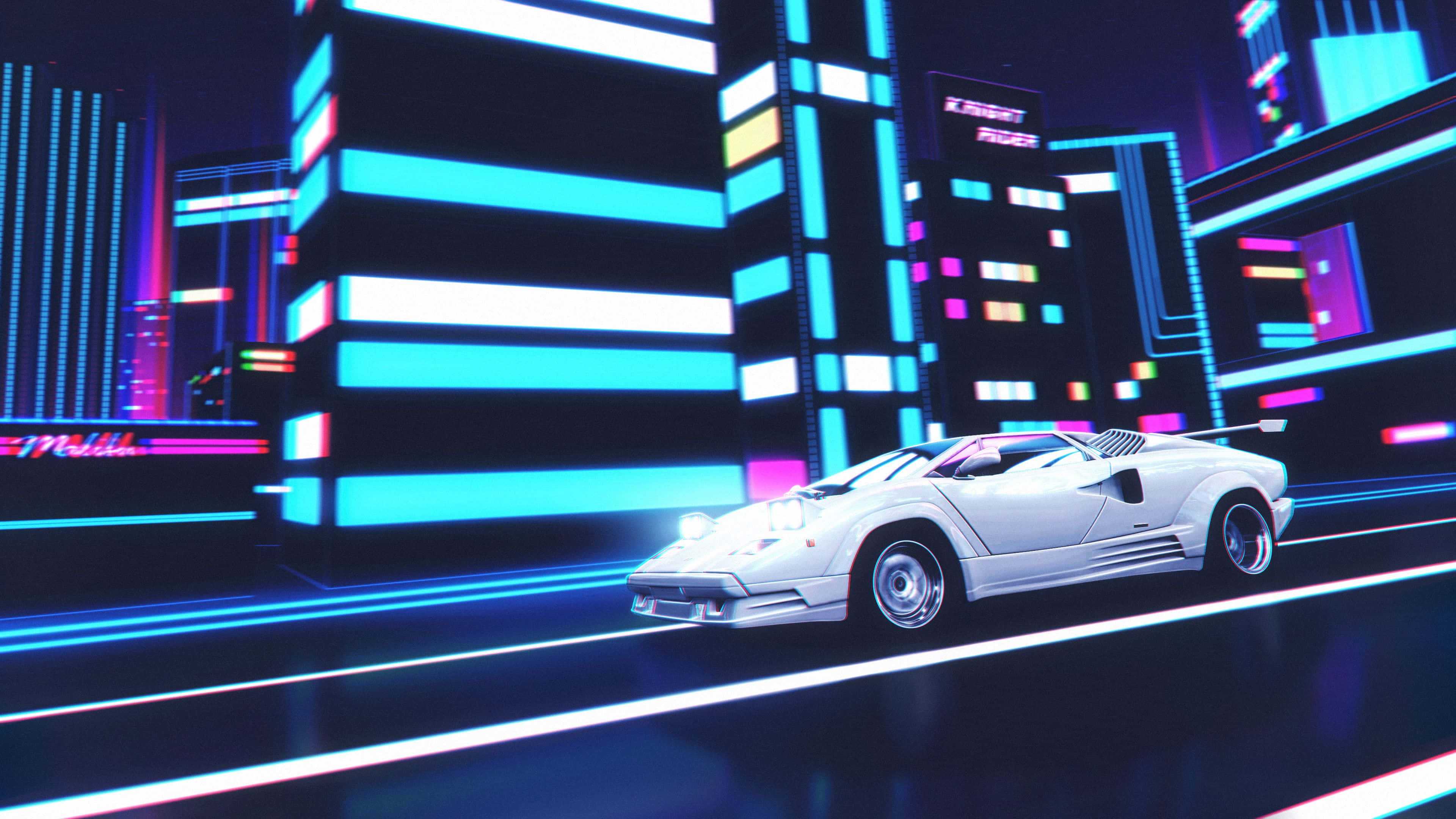 Lamborghini Countach 桌布 壁紙 — 一輛白色跑車在充滿霓虹燈的賽博龐克城市景觀中飛馳，周圍是發光的藍色和紫色摩天大樓。