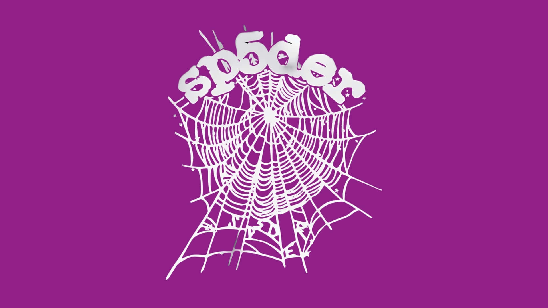  壁紙 — 一個白色風格化的蜘蛛網，上面編織著 spider 這個詞，背景是鮮豔的紫色。