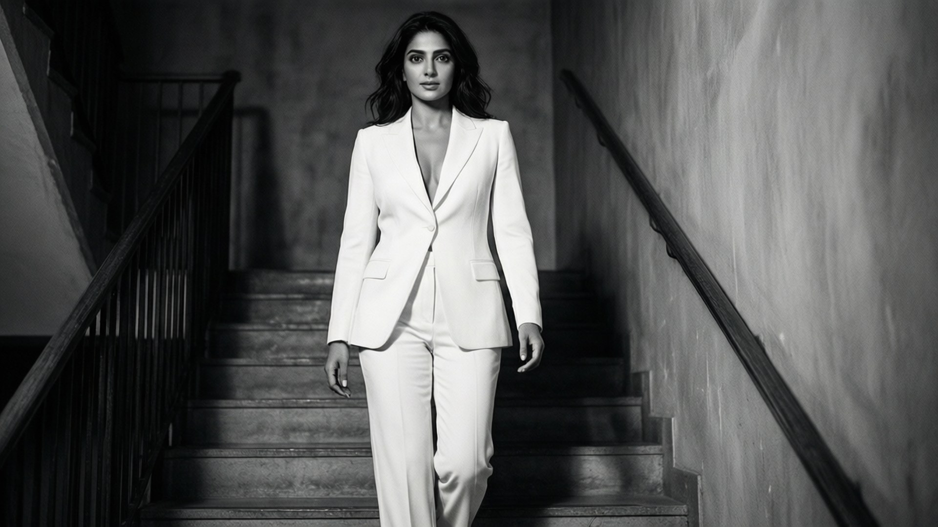 Sonam Kapoor 桌布 壁紙 — 一位身穿白色西裝的優雅女士，在光線昏暗、陰影強烈且對比度高的樓梯上走下來。