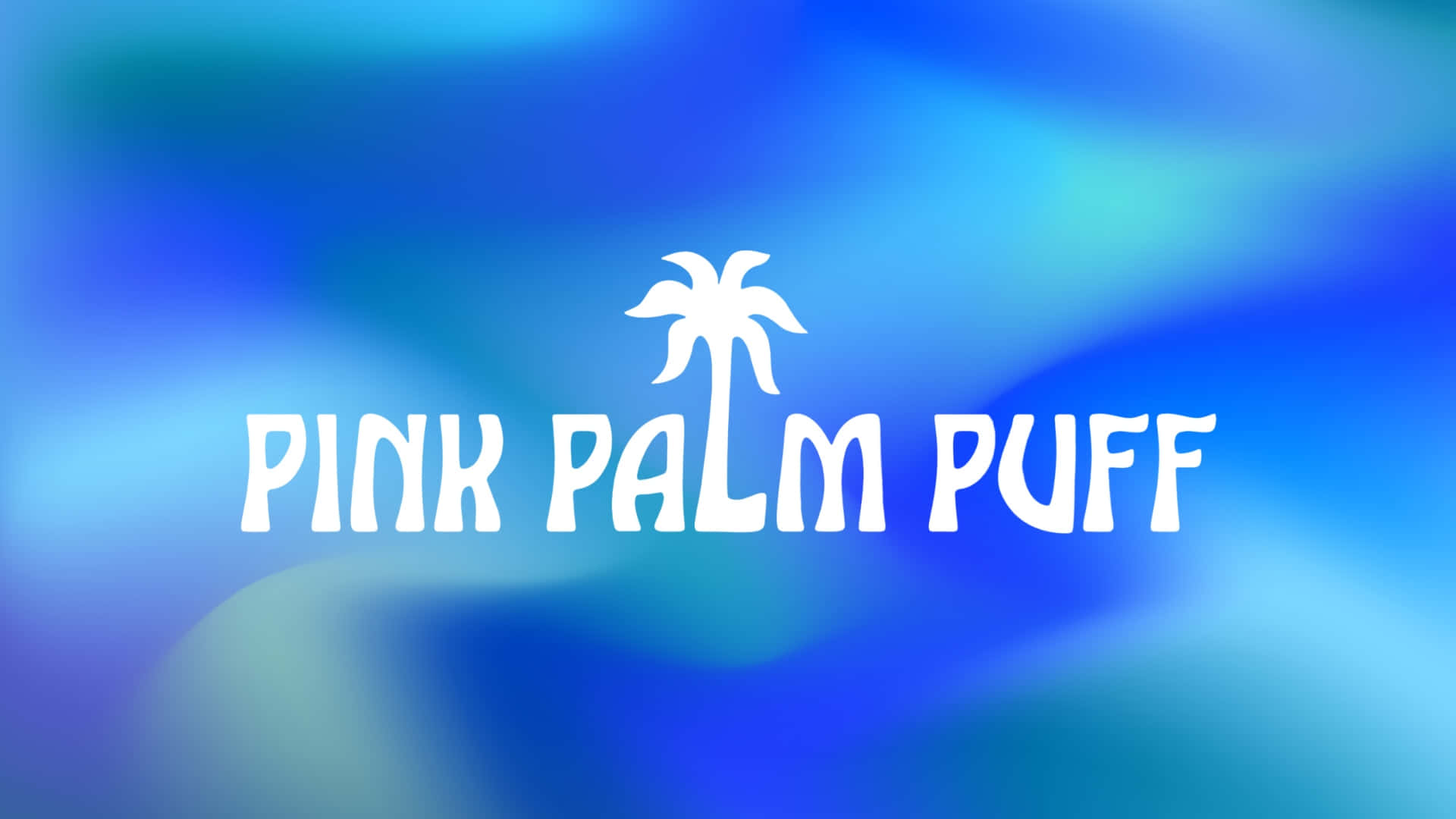  壁紙 — 白色文字顯示 pink palm puff，棕櫚樹圖示居中，背景為鮮豔的藍色和藍綠色漸變。