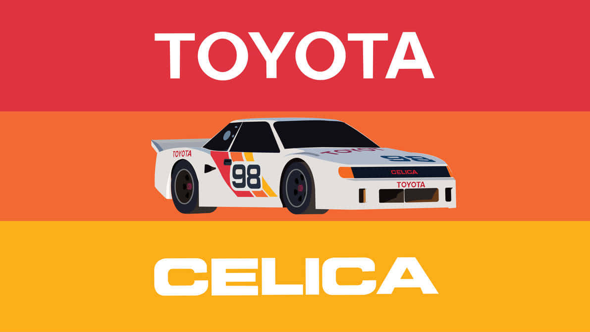  壁紙 — 一輛白色豐田Celica賽車，編號98，帶有紅橙色條紋，居中放置在紅、橙、黃色的醒目漸變背景上，並帶有'TOYOTA'和'CELICA'文字。