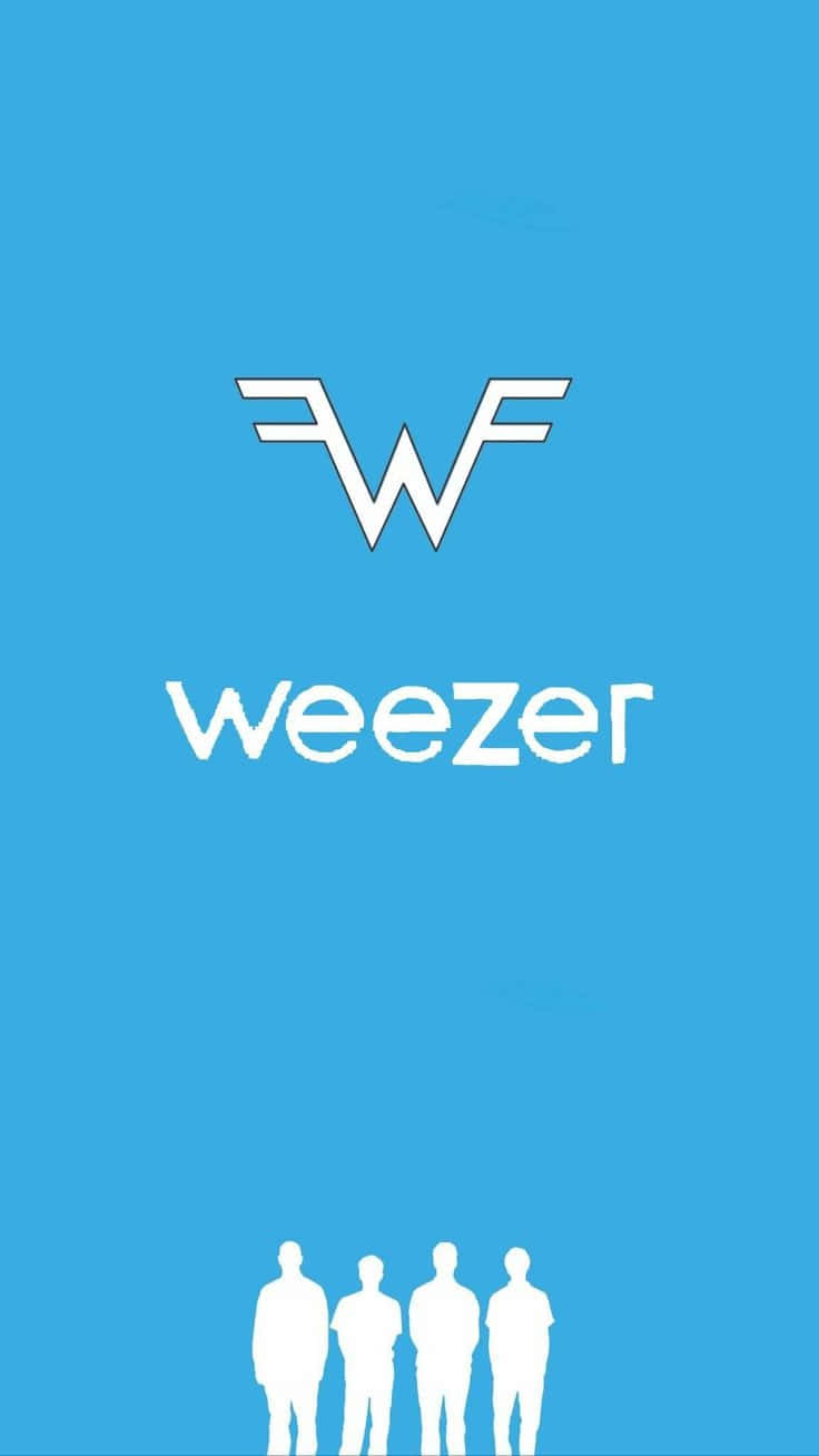 壁紙 — 白色Weezer標誌及樂隊剪影在純藍色背景上突出顯示。