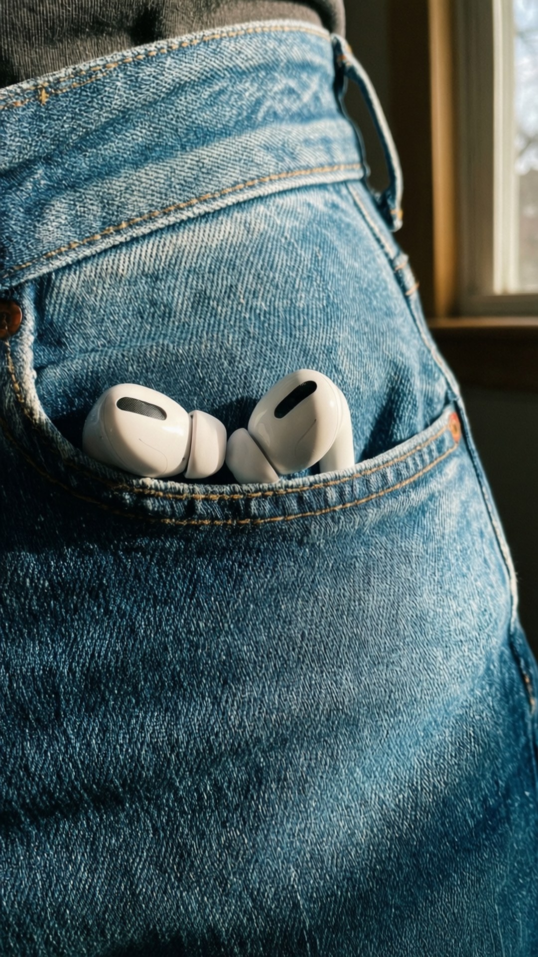 Denim Pocket AirPods 壁紙 — 白色無線耳機從磨損的藍色牛仔褲後袋中探出頭來，沐浴在溫暖的陽光下。
