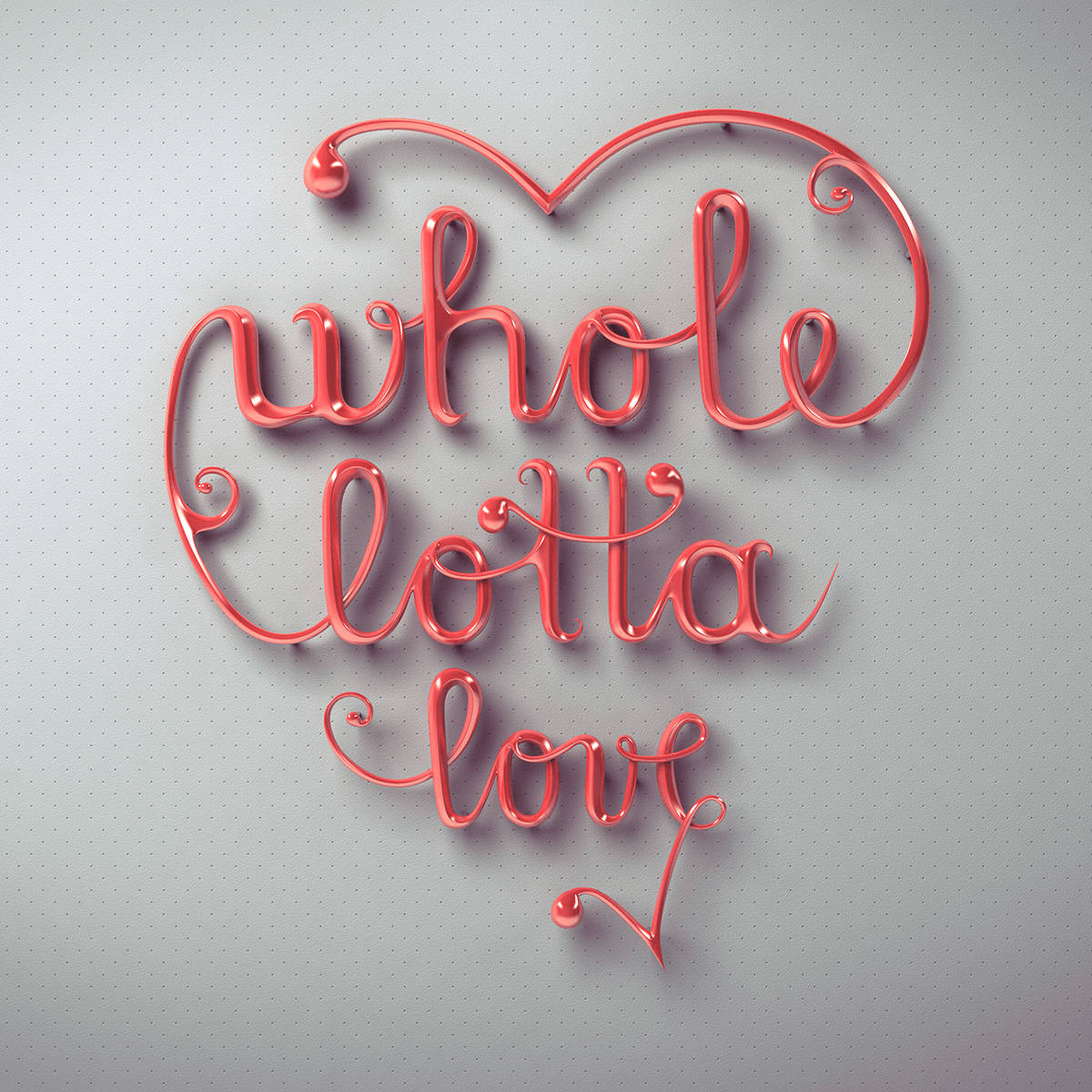 光滑的紅色霓虹字母拼出 whole lotta love 成心形在灰色牆上。