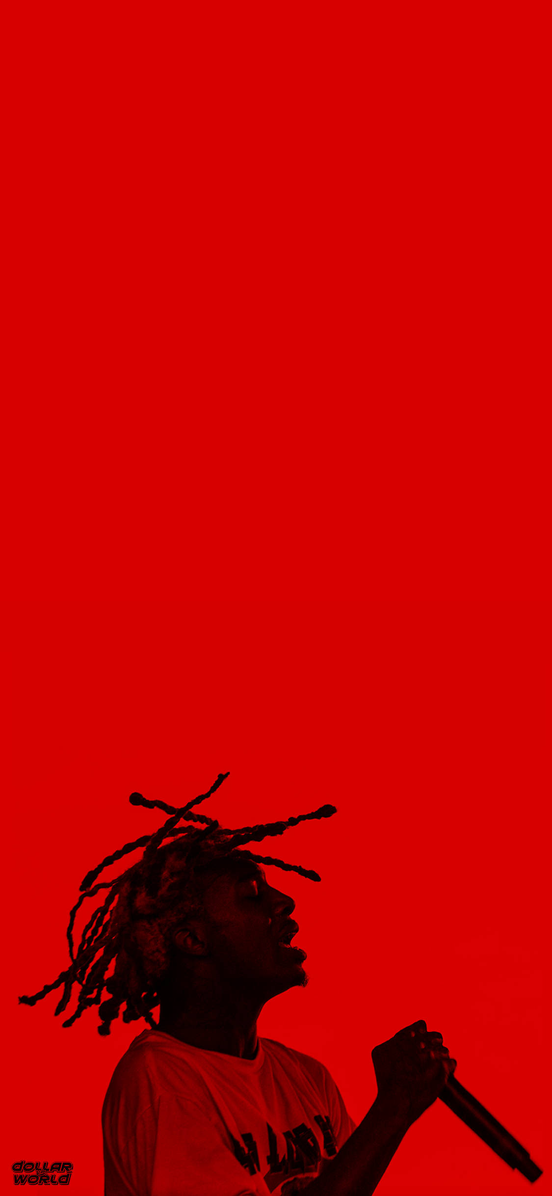 Whole Lotta Red Carti iPhone 壁紙 — 一個帶有辮子的說唱歌手剪影，在純紅色背景前拿著麥克風。