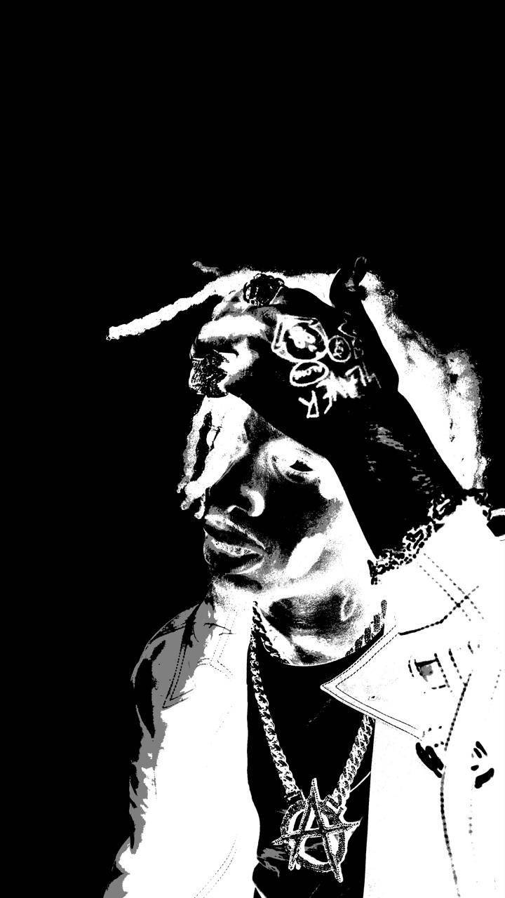 一幅黑白風格化肖像，描繪一名戴著頭巾和辮子的男子。
