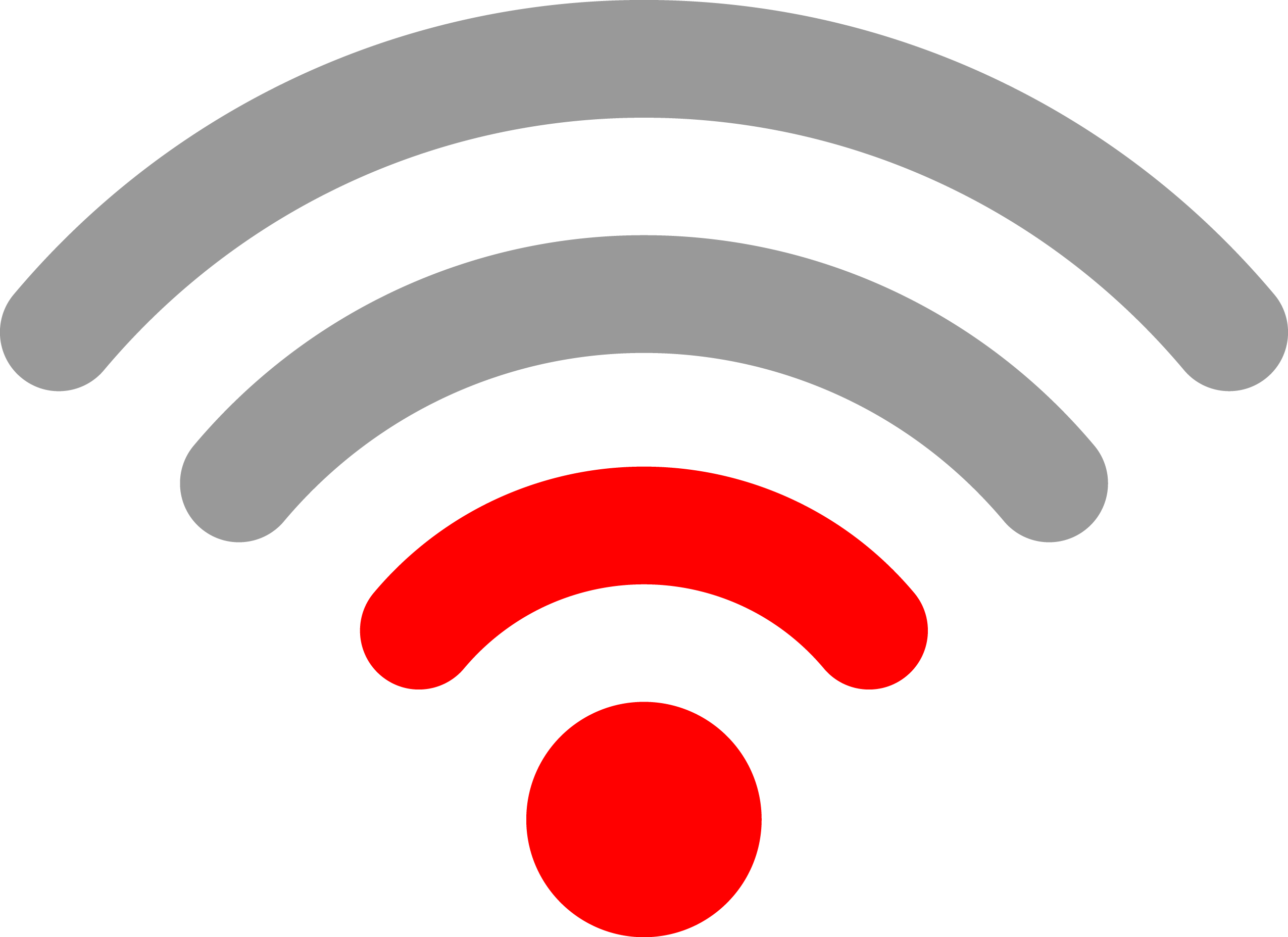 紅色 Wi-Fi 信號圖示 壁紙 — 一個極簡風格的WiFi符號，由三個灰色弧線和一個紅色弧線組成，位於白色背景上的紅色圓點上方。