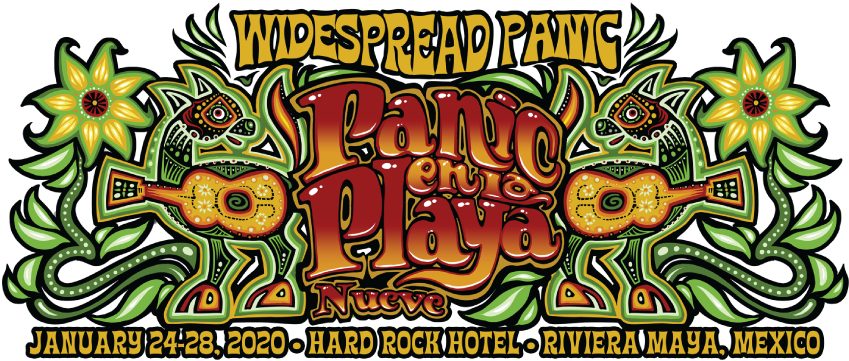 Widespread Panic Panicenla Playa Nueve 活動海報 壁紙 — Widespread Panic 的「Panic en la Playa Nueve」音樂節的充滿活力的迷幻海報，特色是風格化的彈結他生物和大膽多彩的字體。