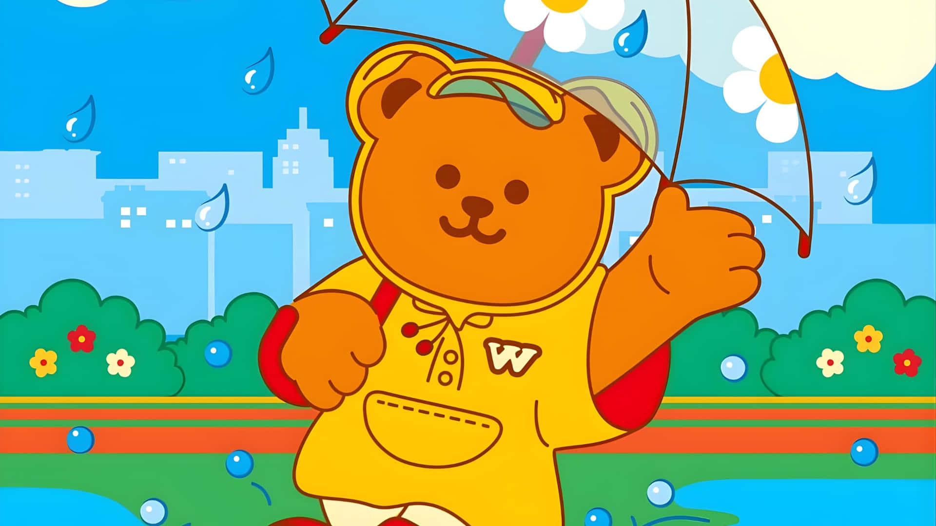 Wiggle Wiggle 系列可愛熊角色 壁紙 — 一隻穿著黃色雨衣的開心卡通熊拿著雨傘，雨滴落在有花朵和雲朵的多彩城市景觀上。