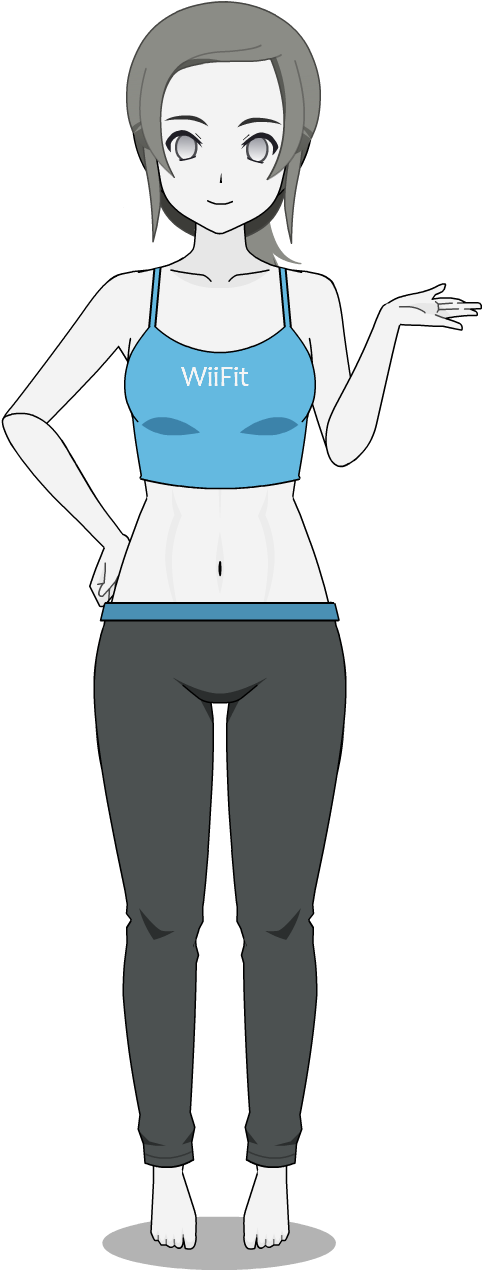 Wii Fit教練動畫角色 壁紙 — 動漫風格女性穿著藍色Wii Fit背心和灰色褲子，自信地站著，一手叉腰。