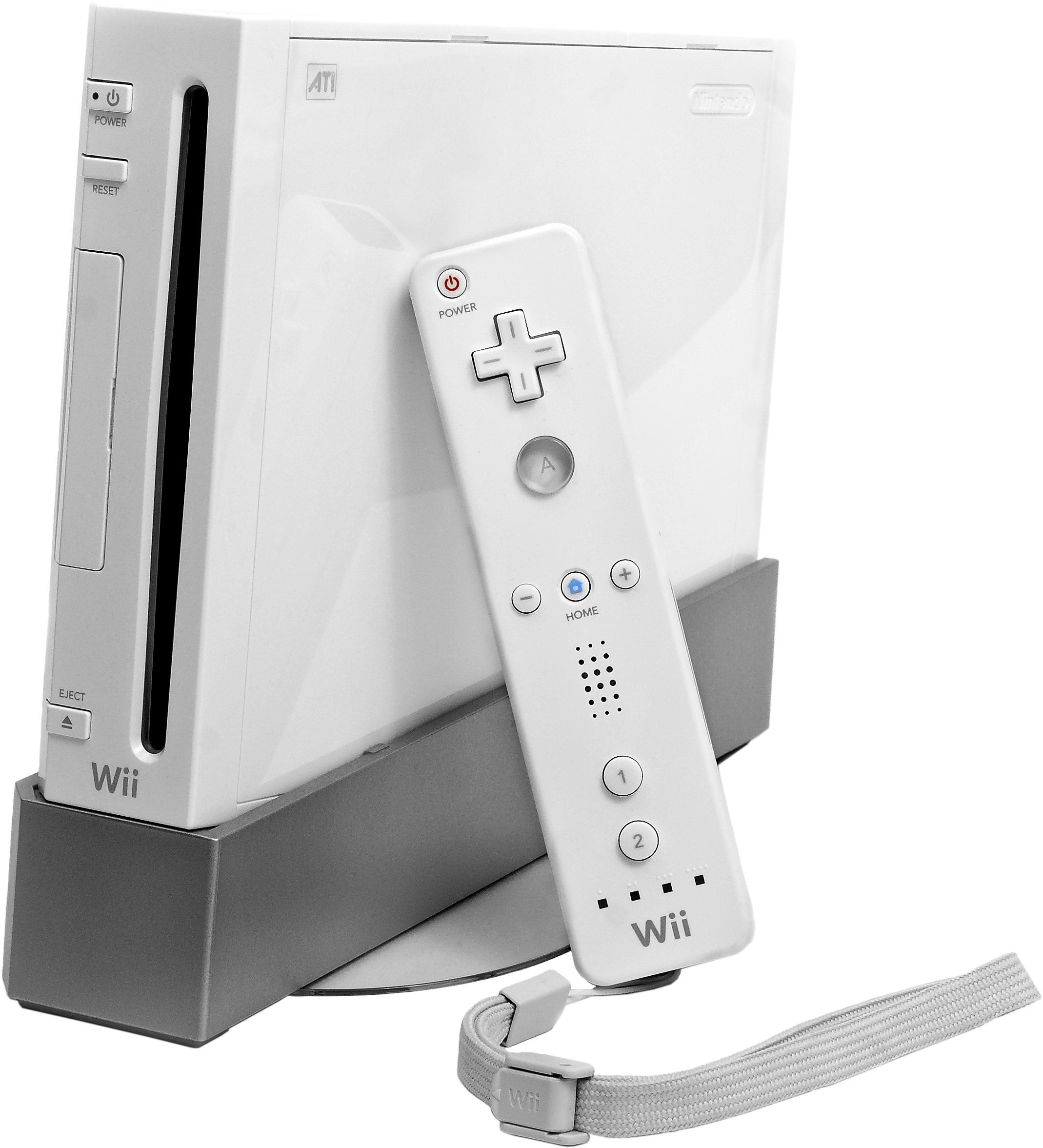 任天堂 Wii 主機與遙控器 壁紙 — 一部純白色的 Nintendo Wii 主機和控制器放置在支架上，背景為純黑色。