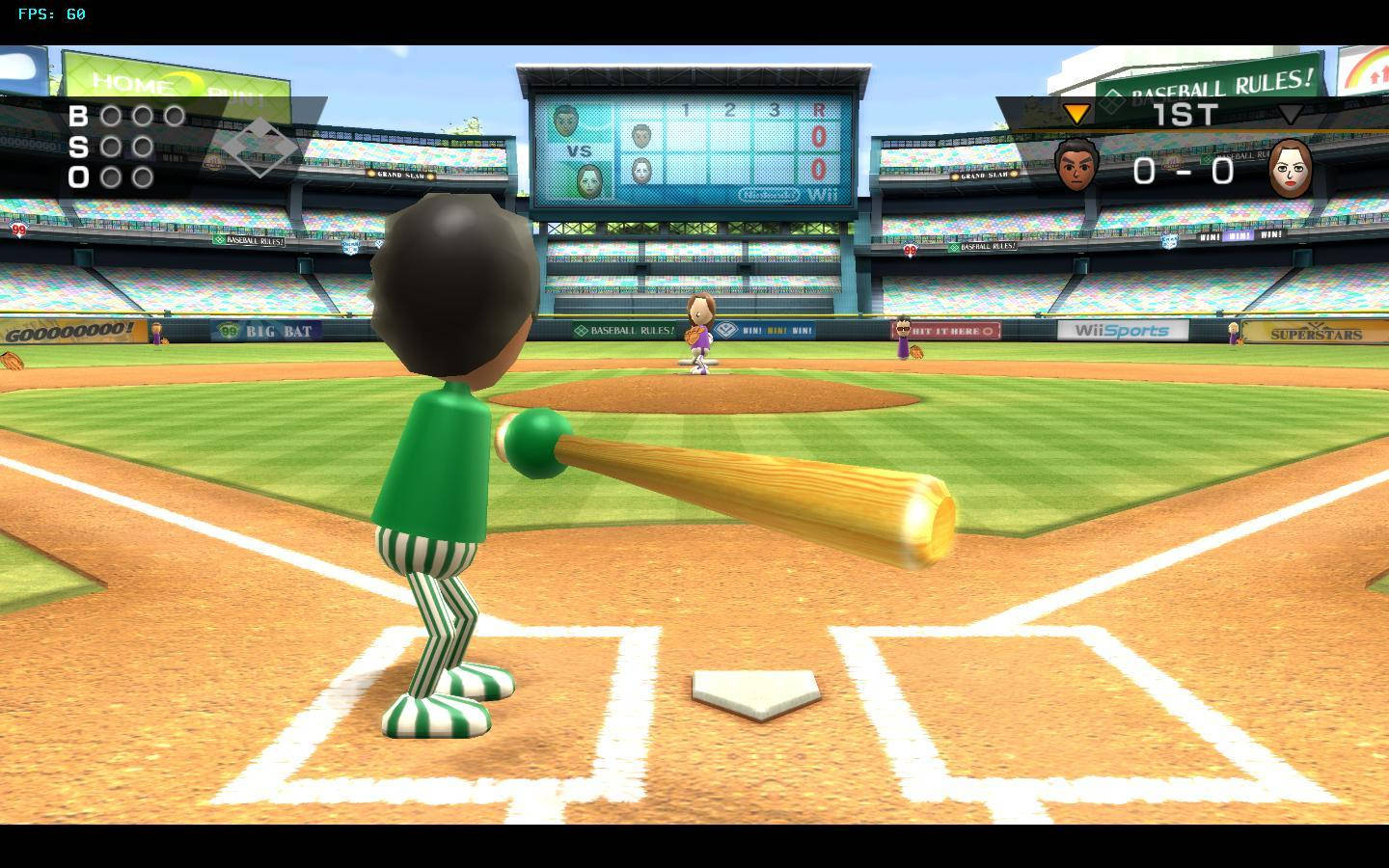 Wii Sports棒球遊戲 壁紙 — 一個穿著綠色條紋的卡通打者在一個設有電子記分牌的充滿活力的棒球場本壘板揮棒。