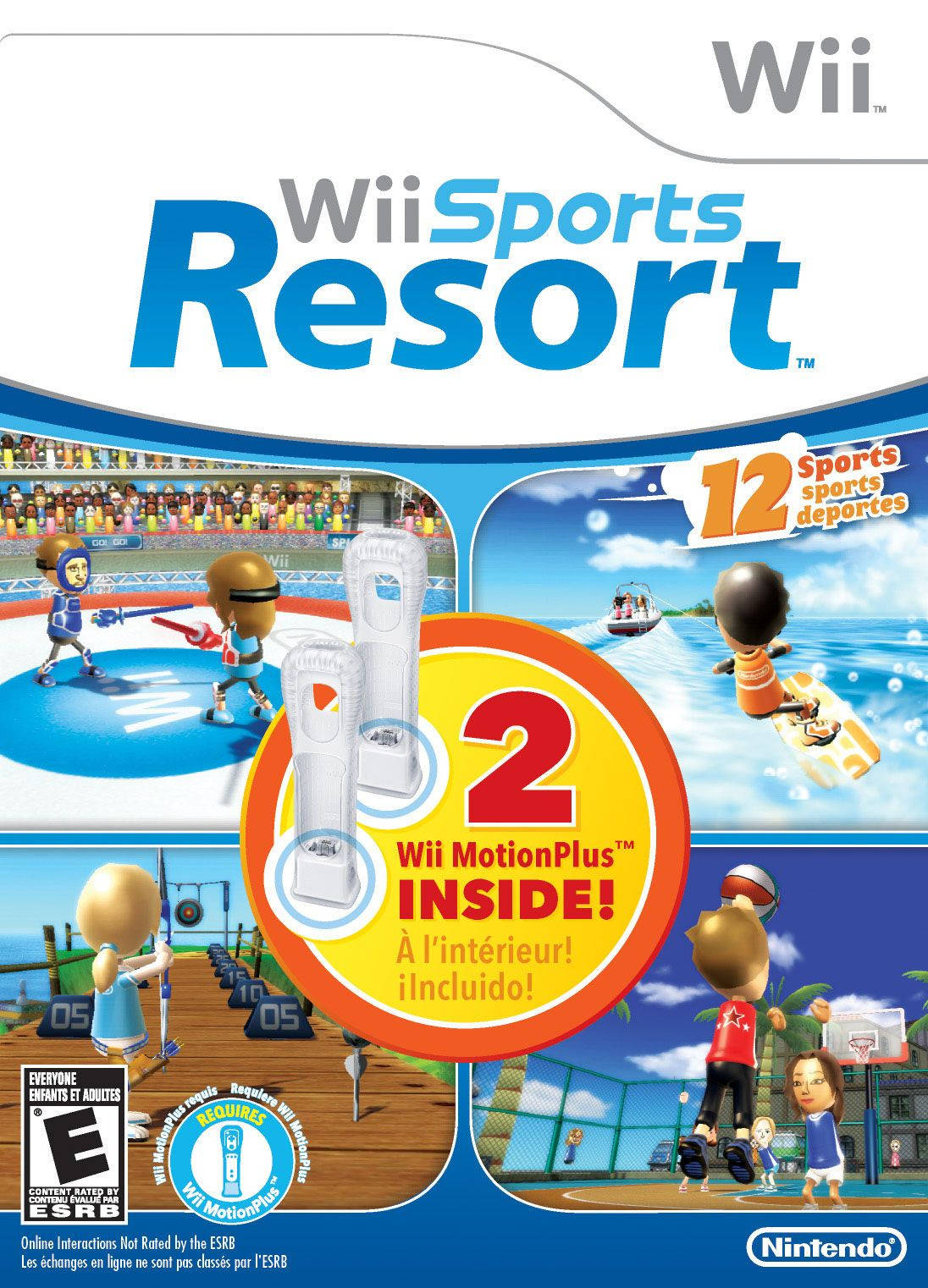 Wii Sports Resort遊戲封面，卡通人物進行各種運動。