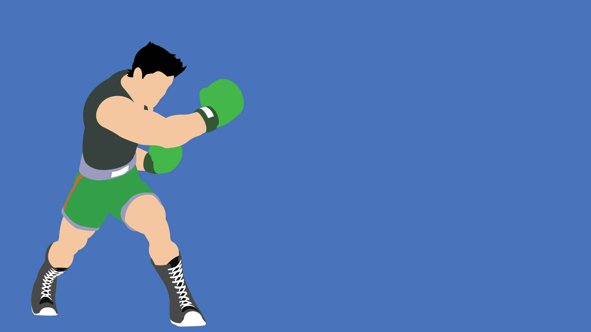 拳擊手穿著綠色短褲和手套在藍色背景上揮拳。