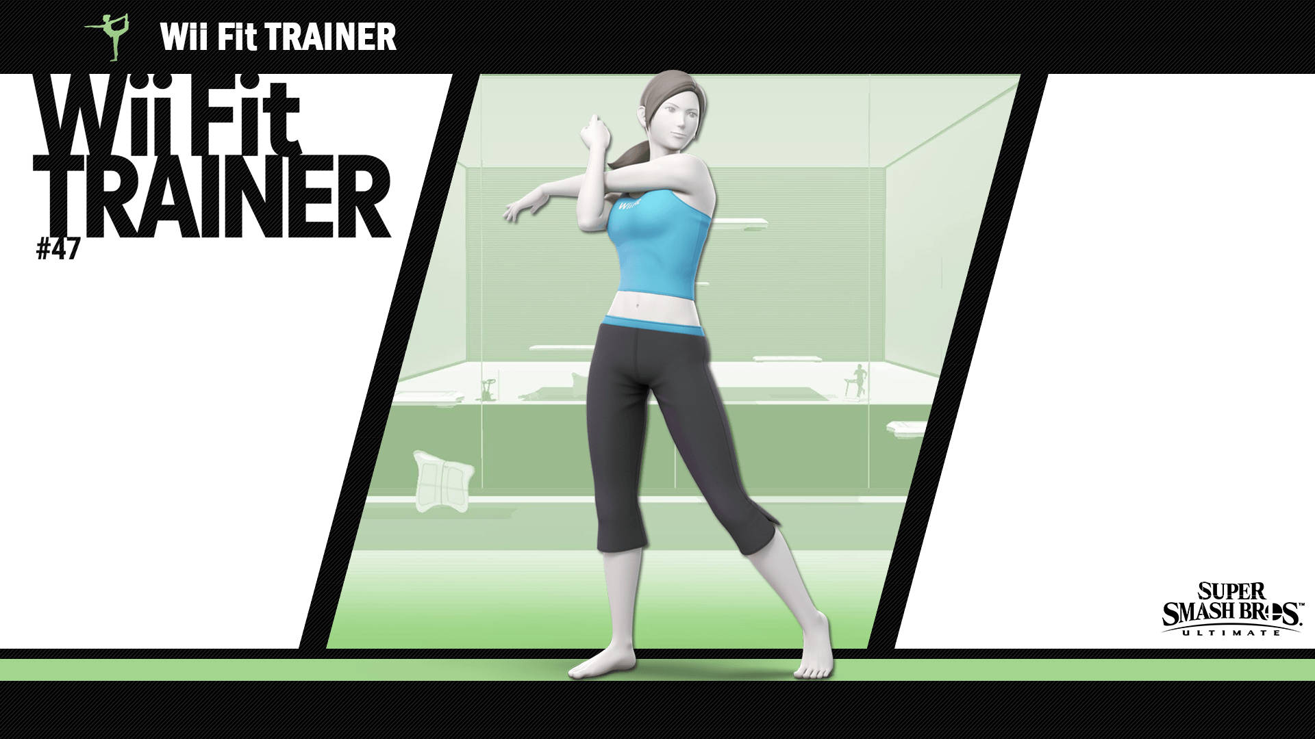 Wii Fit Trainer角色在綠色工作室中做瑜伽姿勢。