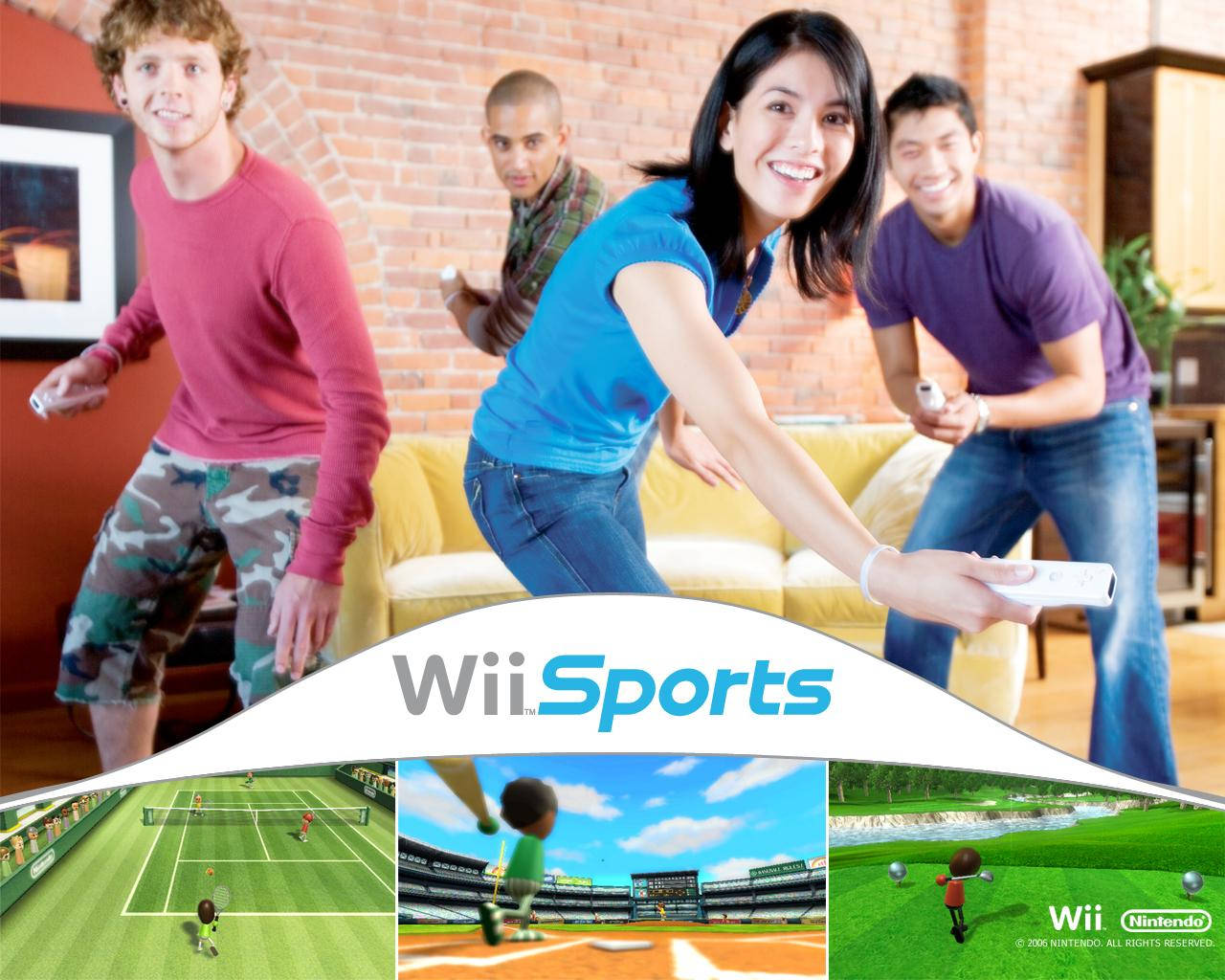 四人在有磚牆和黃色沙發的客廳裡玩Wii Sports。