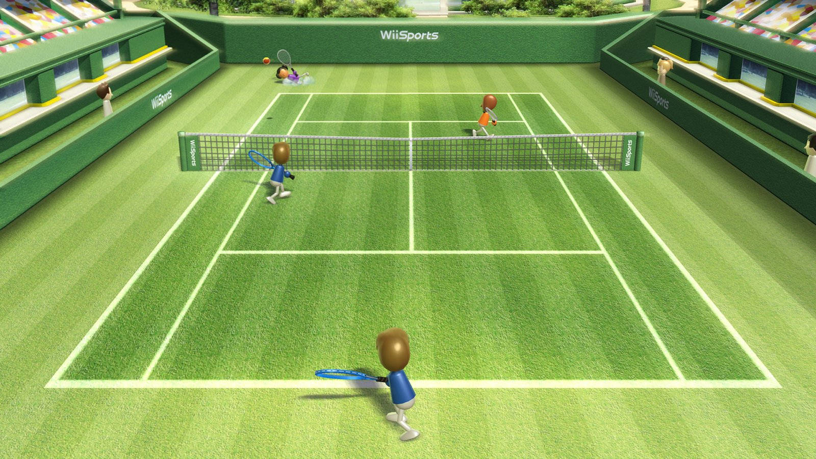 WiiSports網球遊戲，卡通選手在綠色球場上。