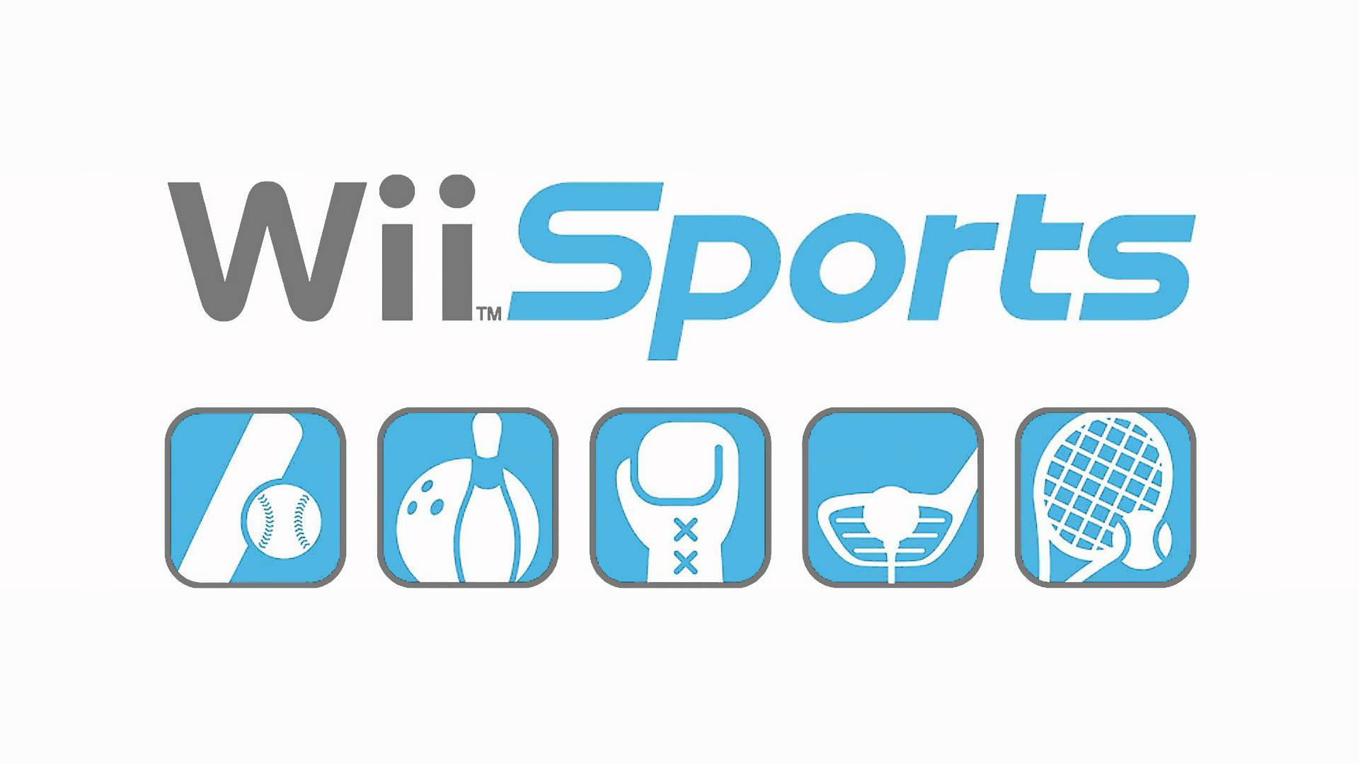 Wii Sports 電子遊戲標誌，帶有棒球、保齡球、拳擊、高爾夫和網球的圖示。