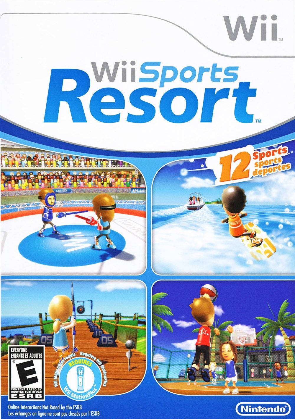 Wii Sports Resort遊戲封面，卡通角色進行各種運動。