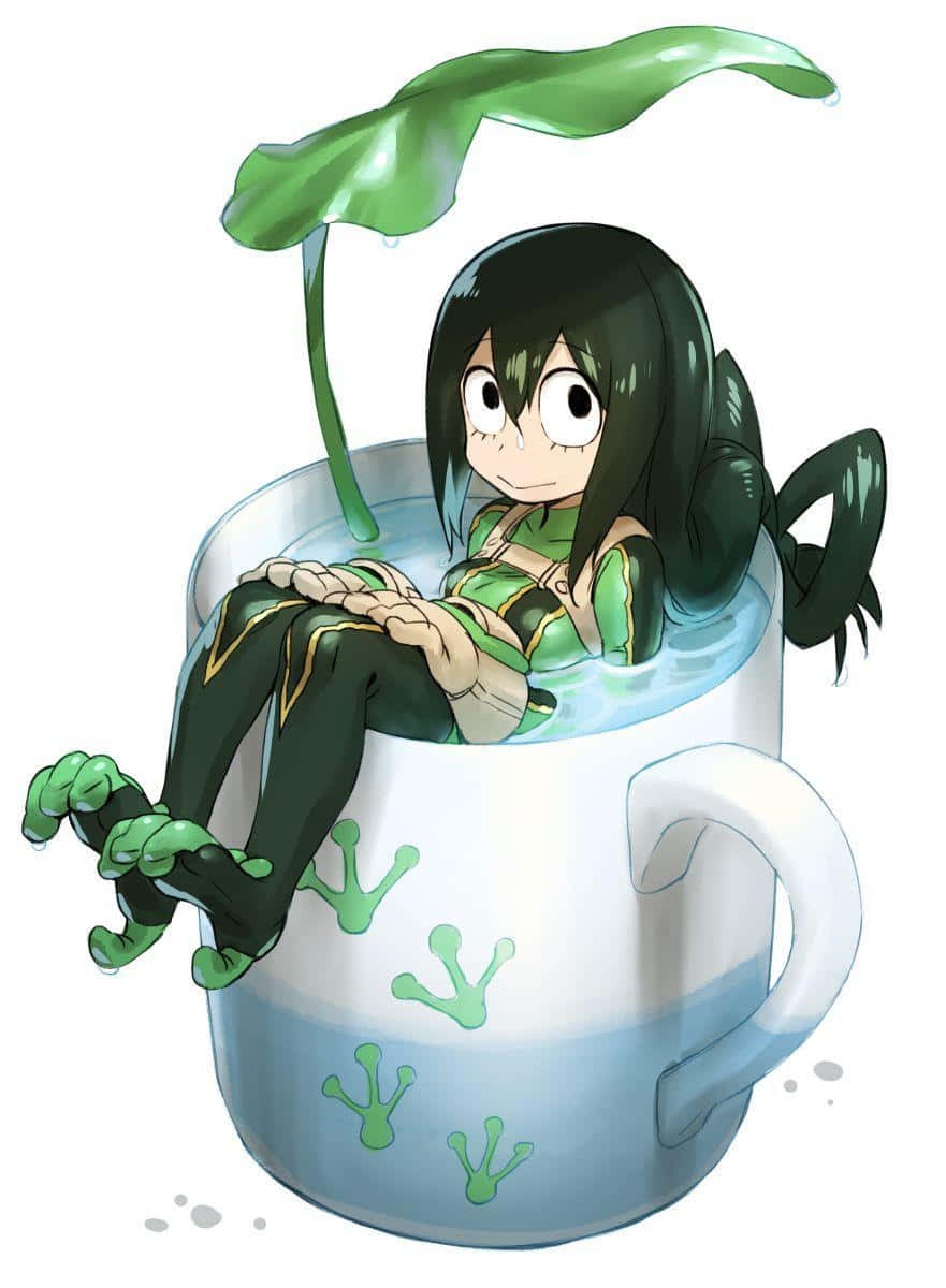 亞斯 Wiki 杯中躲藏 壁紙 — 一個可愛的動漫女孩，帶有青蛙般的特徵，坐在一個裝滿水的巨大杯子裡，下面有一把葉子傘。