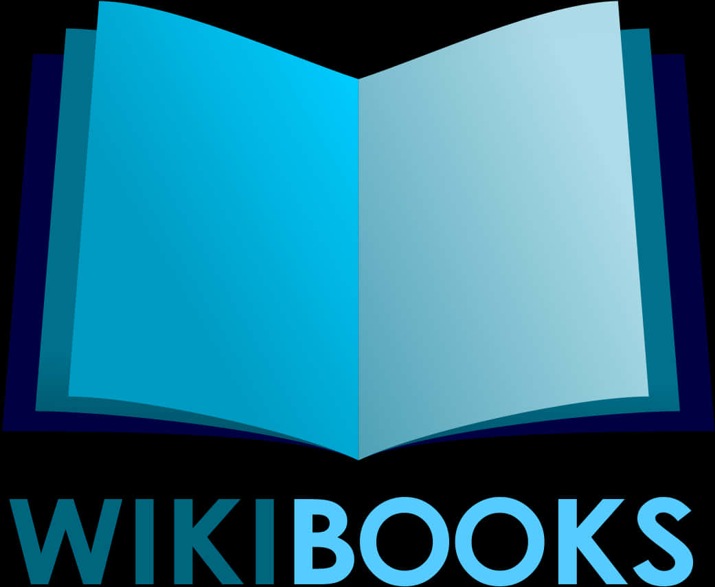 開放書籍標誌Wikibooks 壁紙 — 一個打開的書本圖標，帶有漸變藍色頁面和深藍色書脊，黑色背景，下方有 'WIKIBOOKS' 文字。