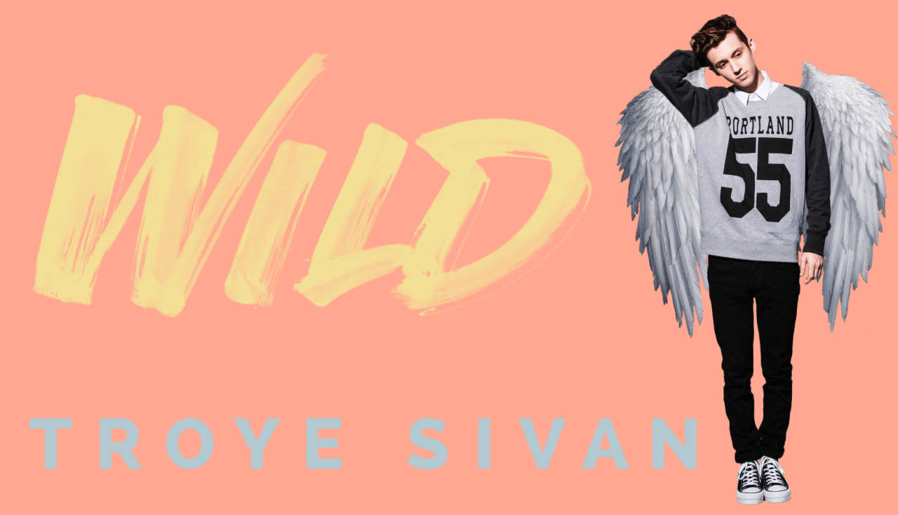 特洛伊·希文《Wild》粉絲藝術海報 壁紙 — 一位年輕男子擁有天使翅膀，穿著Portland 55衛衣，背景為珊瑚色，帶有粗體「WILD」文字。