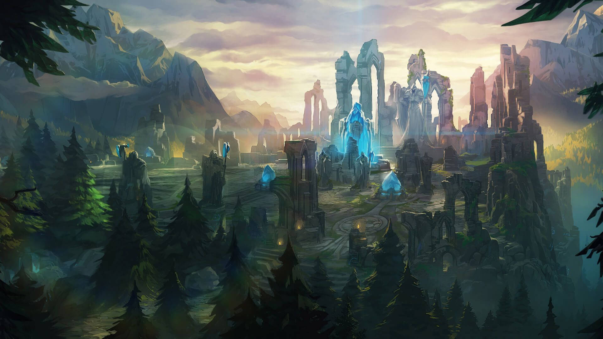 美麗的召喚師峽谷 Wild Rift 壁紙 — 古老發光的廢墟從霧氣瀰漫的森林山谷中升起，背景是雄偉的山脈，正值日落時分。
