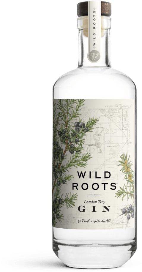 Wild Roots金酒瓶 壁紙 — 一個透明玻璃瓶的Wild Roots London Dry Gin，帶有植物插圖和復古地圖標籤，背景為黑色。