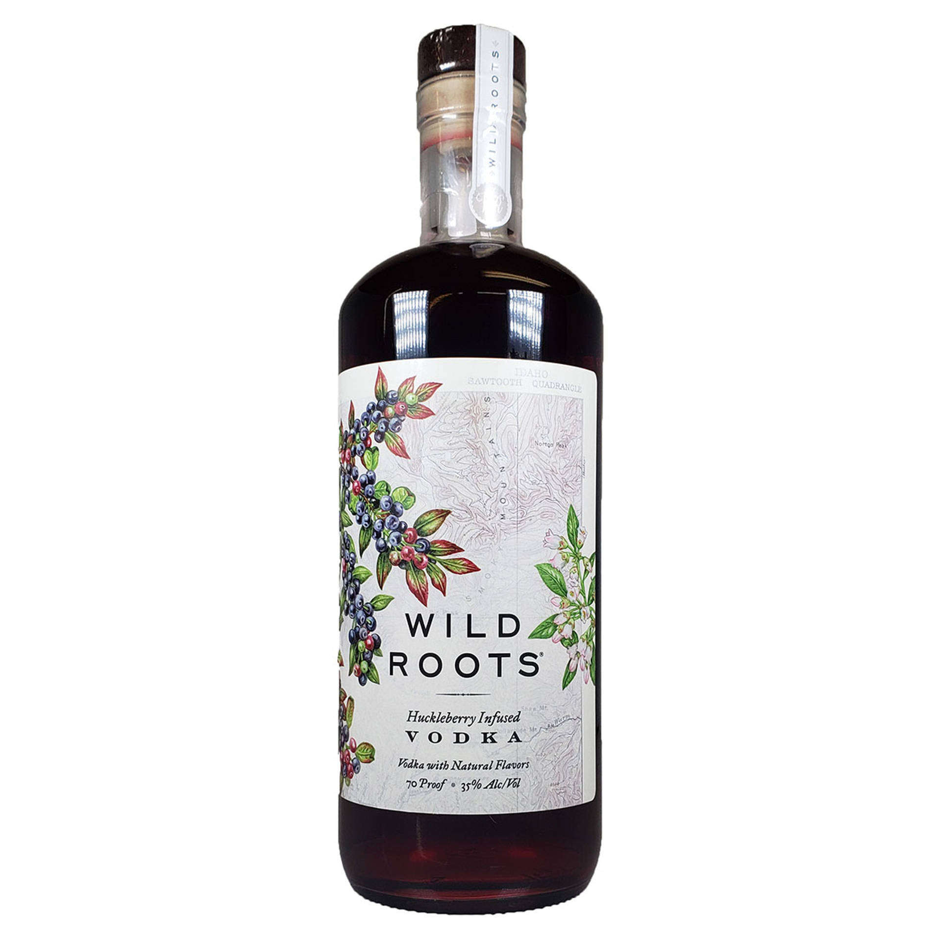 一瓶Wild Roots哈克莓注入伏特加，帶有植物標籤設計。
