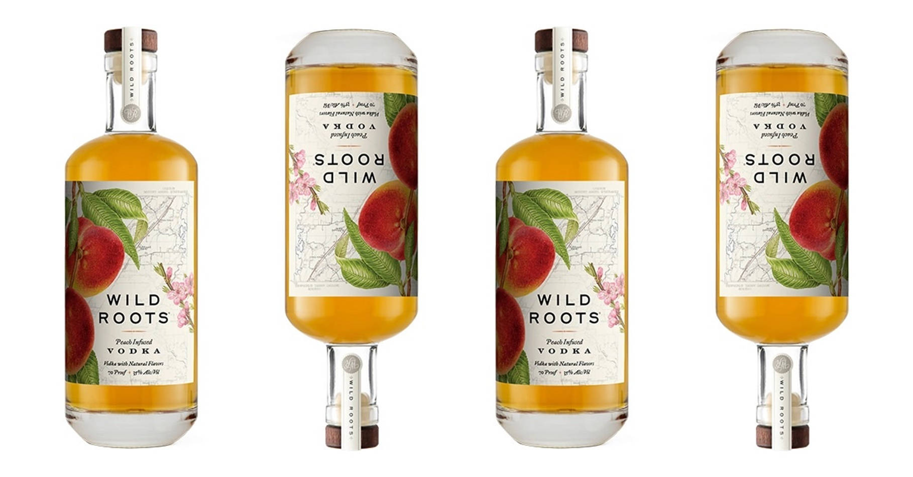 四瓶 Wild Roots Peach Infused Vodka 的攝影棚照片。