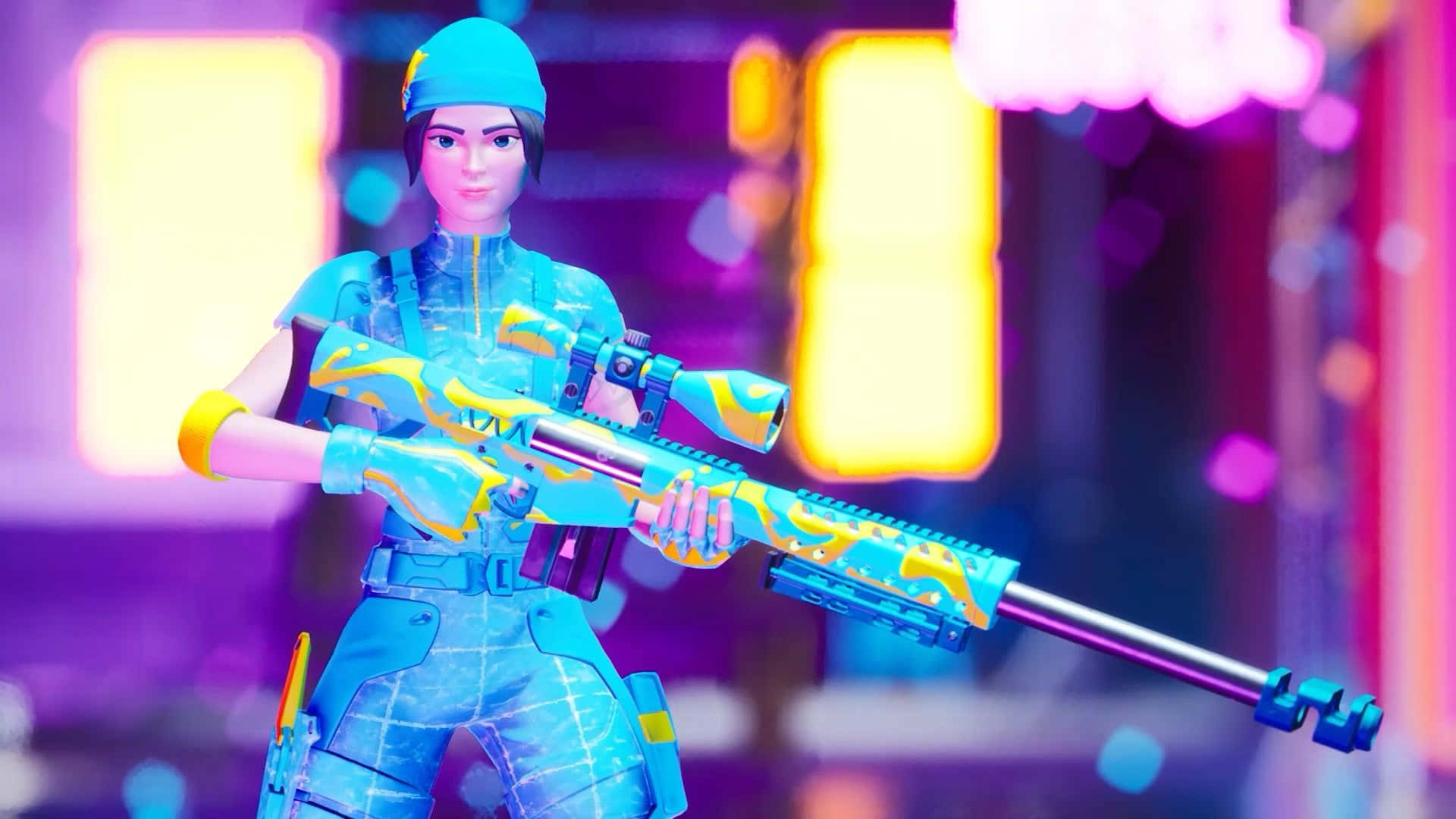 Wildcat《Fortnite》皮膚展現強大氣勢 壁紙 — 一位風格化的女兵穿著藍色和黃色的裝備，在霓虹燈照亮的城市背景下手持未來步槍。
