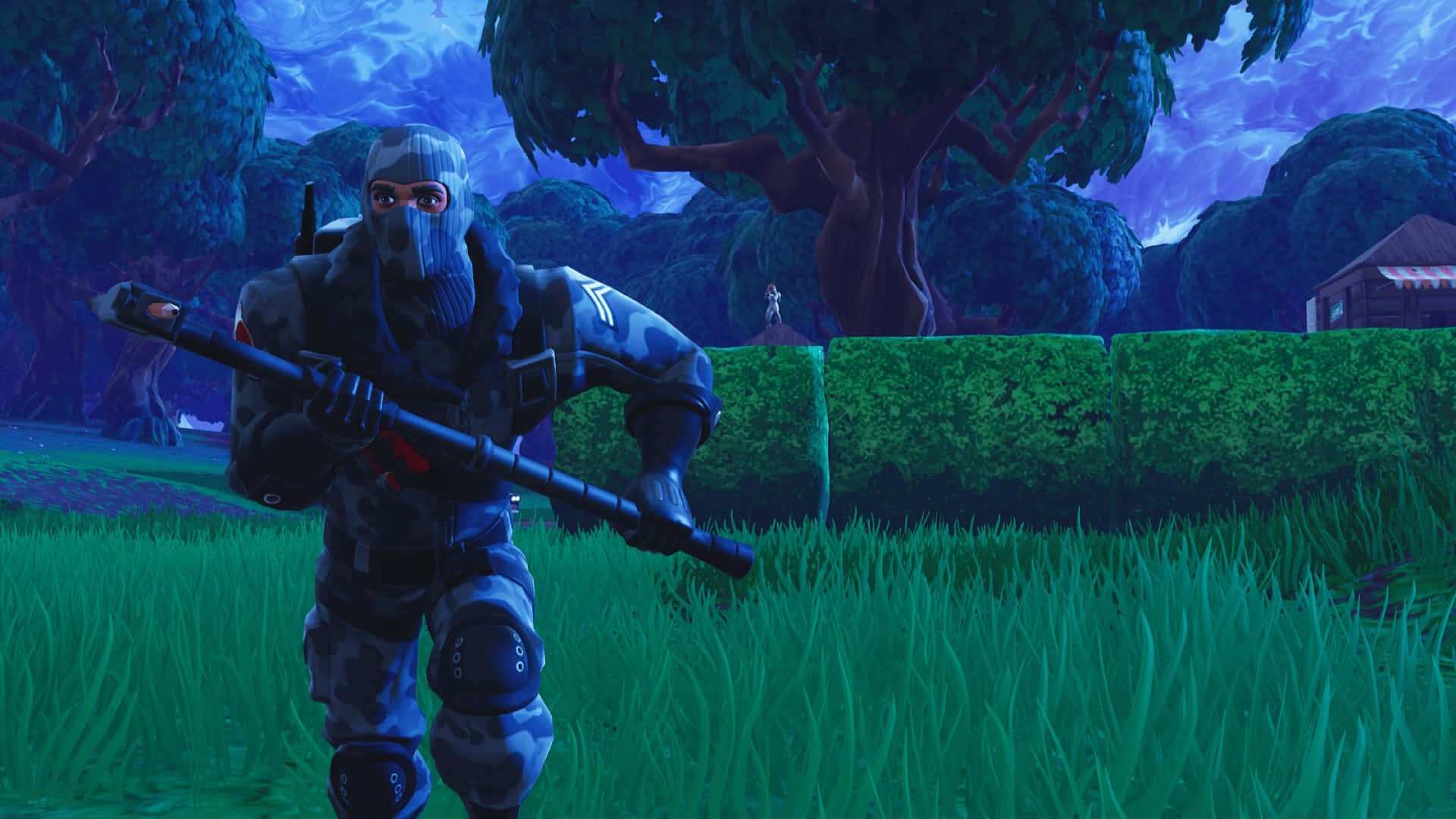 穿上專業Wildcat《Fortnite》皮膚，贏得Victory Royale！ 壁紙 — 一名戴著面具、身穿藍色迷彩裝備的士兵，在暮色天空下、有樹木和遠處房屋的草地上持步槍。