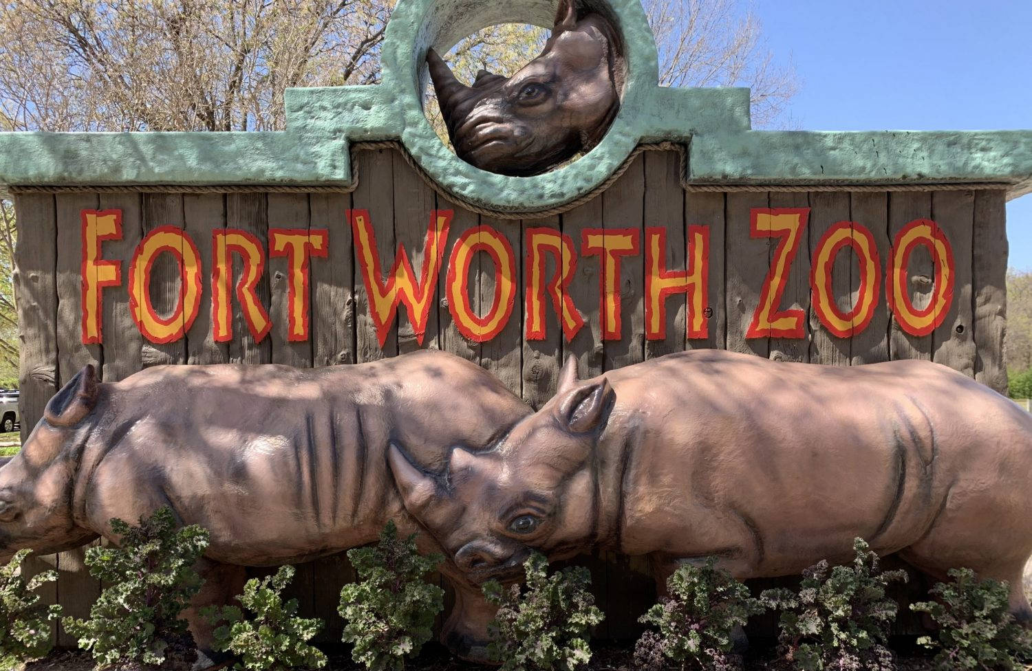 沃斯堡動物園的Wilder Vision計畫 壁紙 — 一個木製嘅Fort Worth動物園標誌，下面有兩個犀牛雕塑同一個犀牛頭剪影，背景係晴朗嘅藍天。