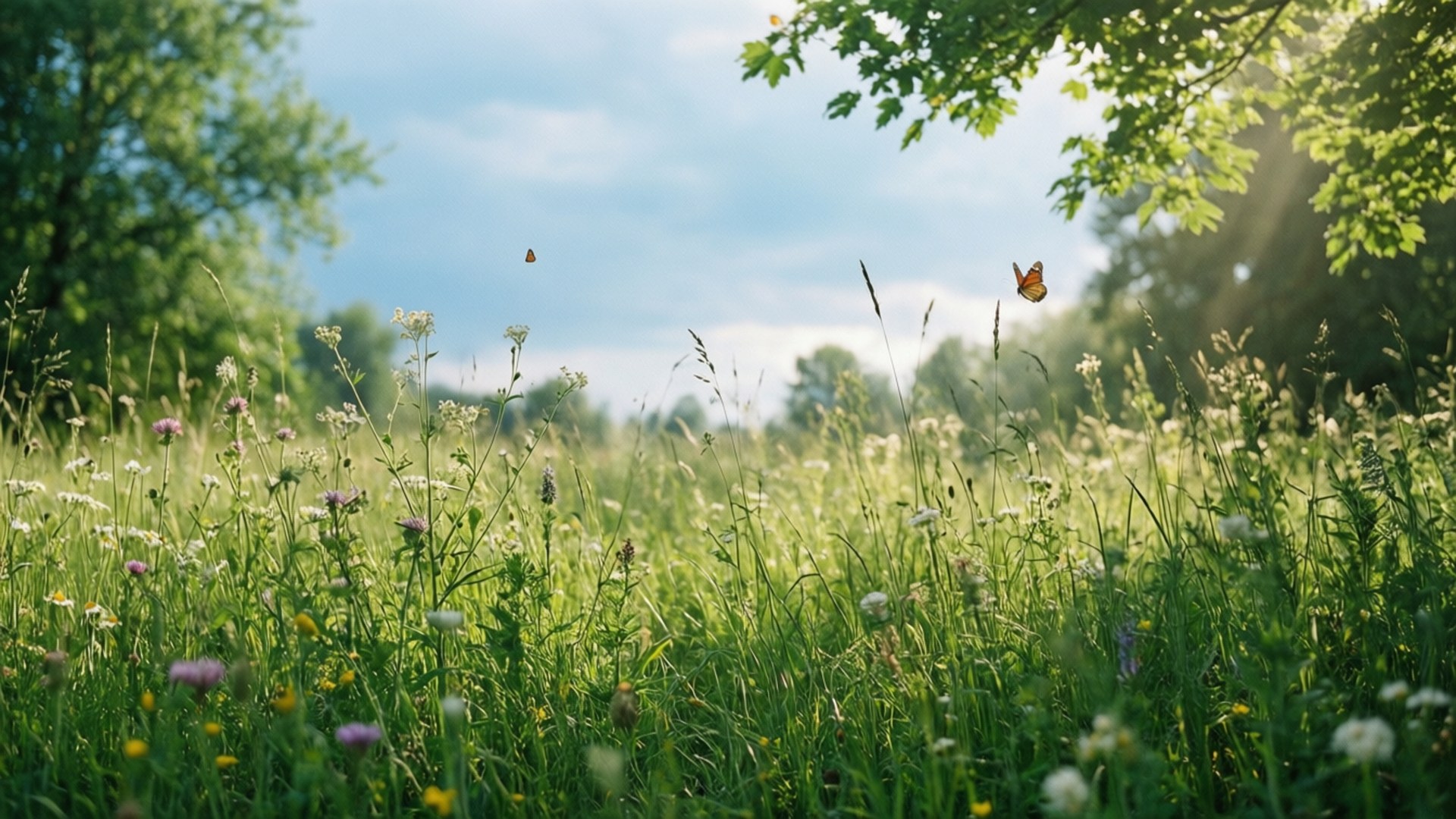 Sunlit meadow with butterflies and wildflowers under leafy trees. 壁紙