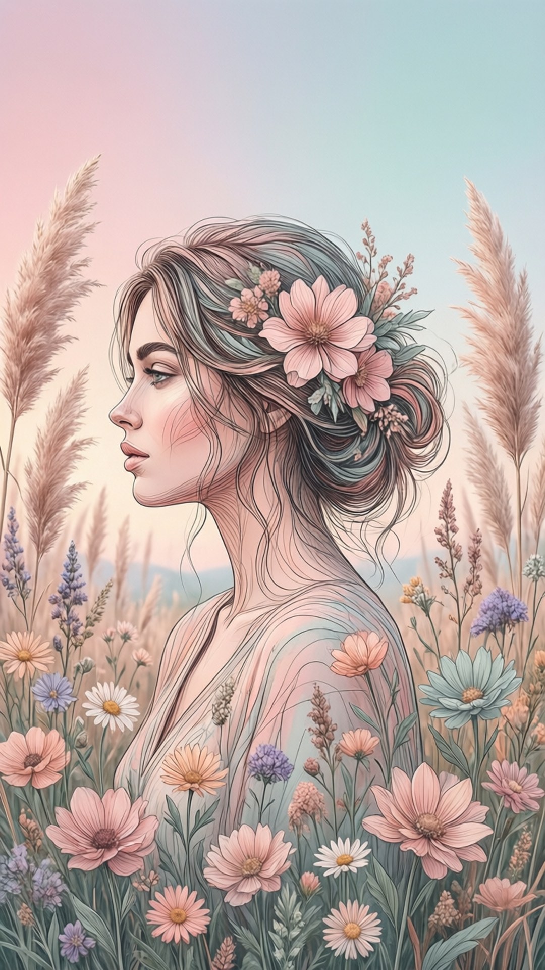 一位頭髮上插著花的女子，在日出時站在田野的野花叢中。