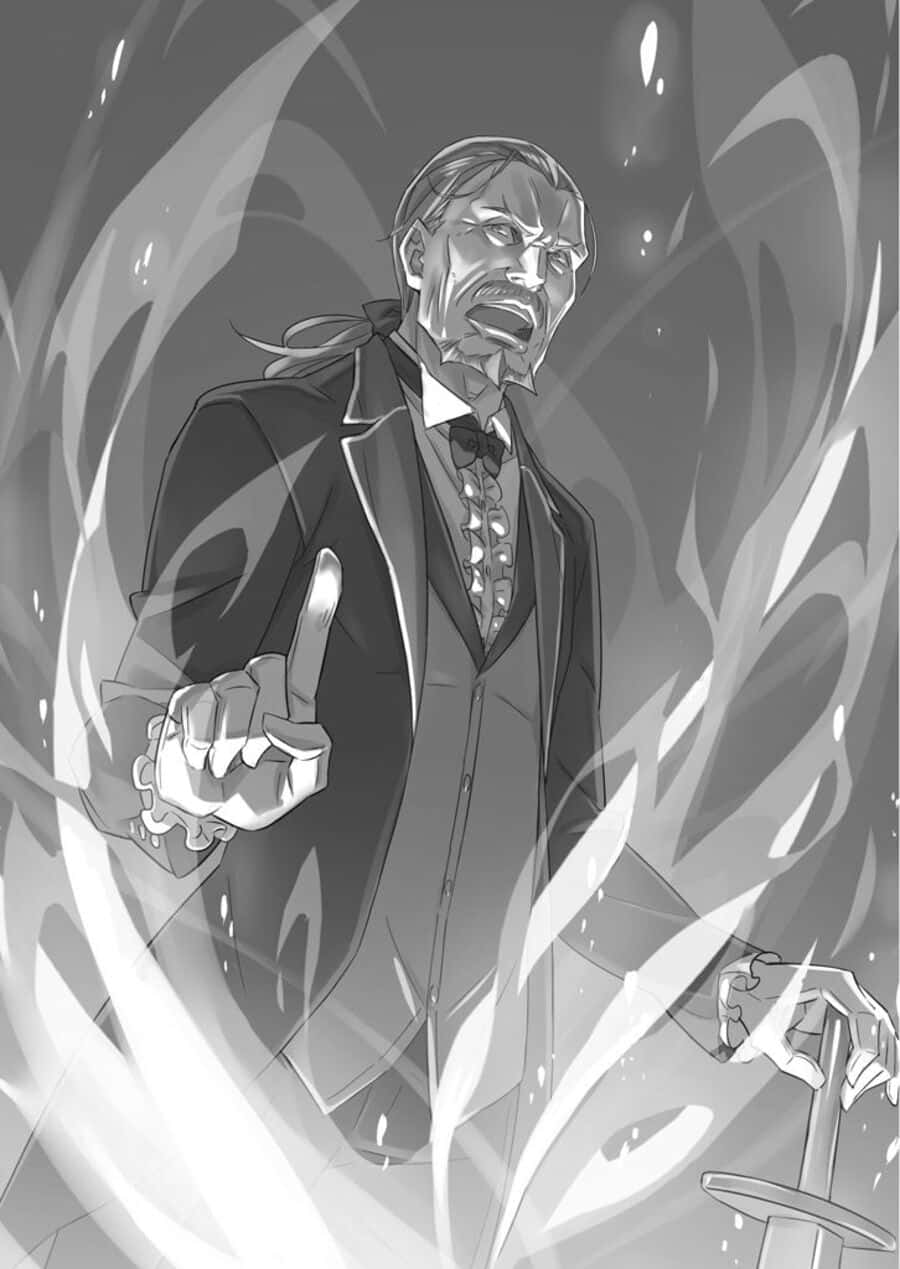 Wilhelm Van Astrea 於戰鬥中的英姿 壁紙 — 一個嚴肅的西裝男子憤怒地指著，能量在他周圍旋轉，形成一個戲劇性的黑白動漫場景。