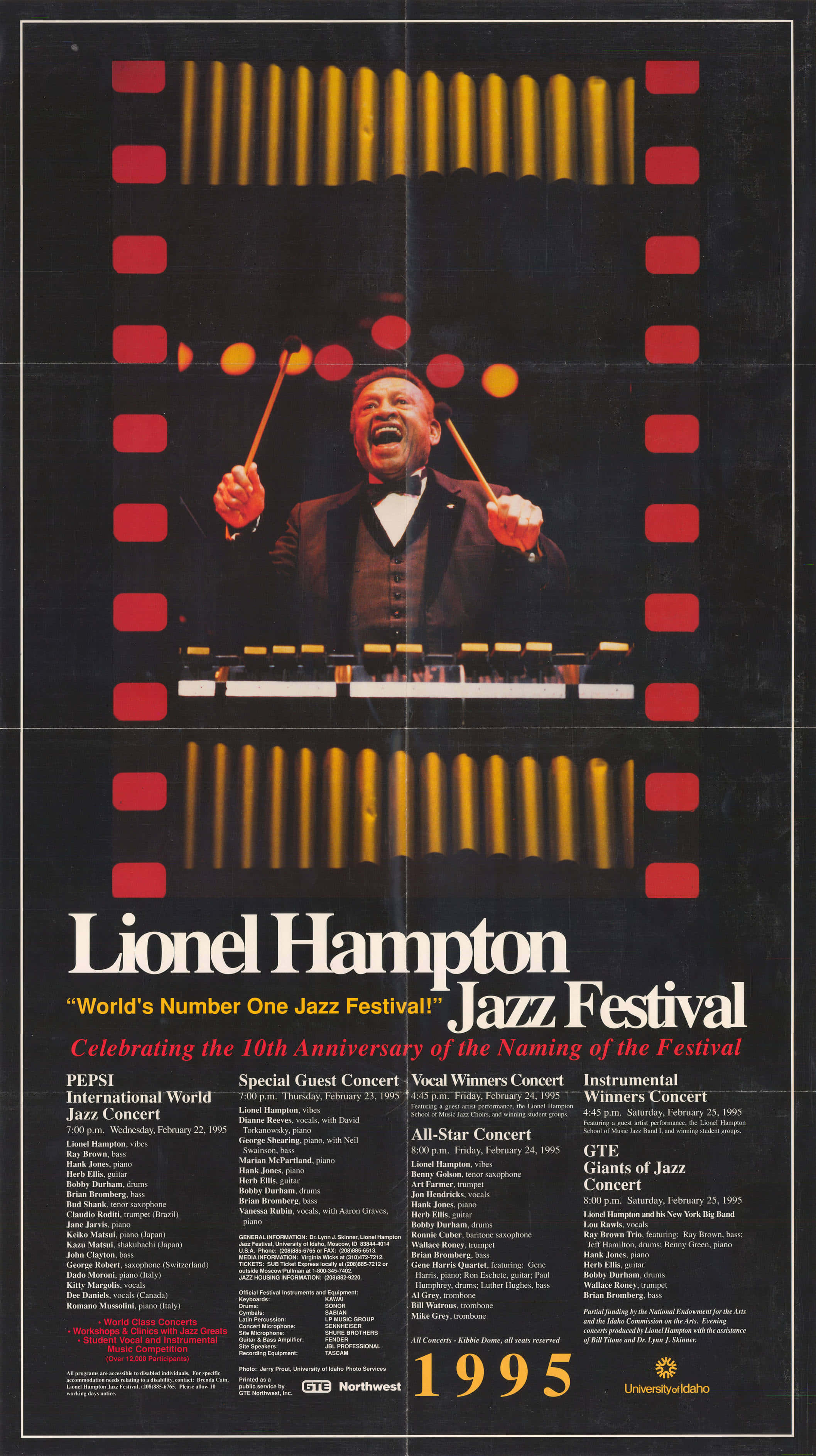 Willie Lionel Hampton 大樂隊 壁紙 — 一張1995年復古爵士音樂節海報，Lionel Hampton在紅黃燈光下充滿活力地演奏顫音琴。