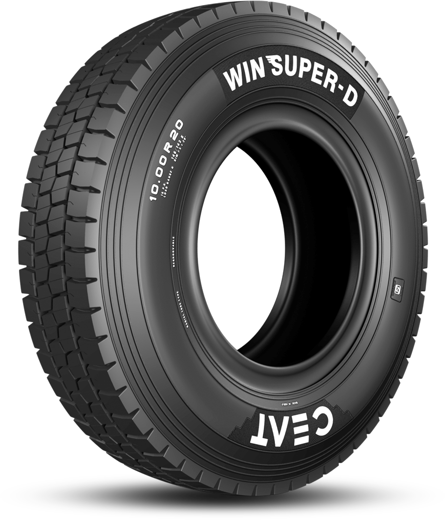 商用卡車輪胎 WIN SUPER-D 壁紙 — 純黑色背景上黑色Ceat Win Super-D輪胎的深胎面花紋特寫攝影棚照片。