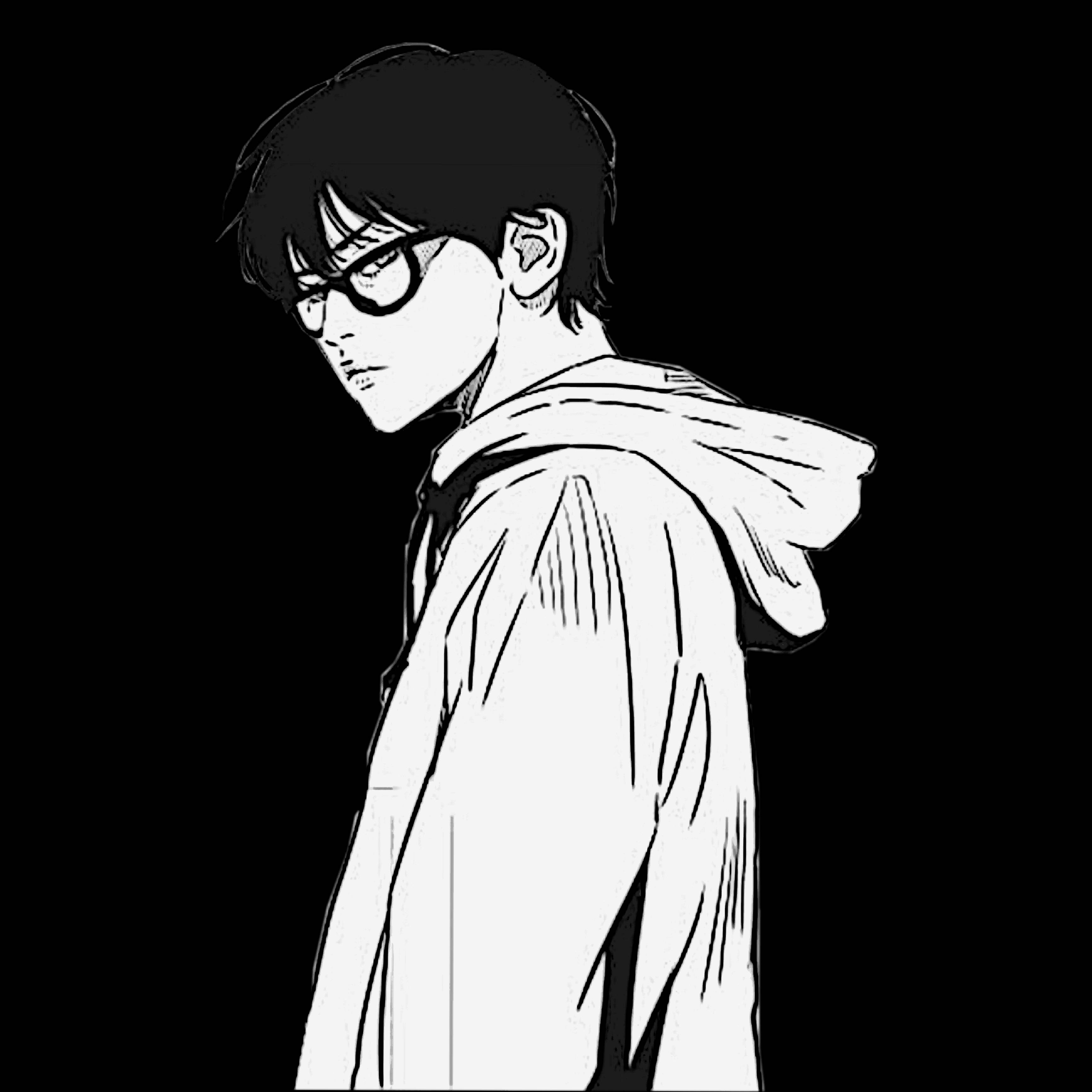 《Wind Breaker》Jay Jo 動態素描 壁紙 — 一個戴眼鏡和連帽衫的年輕男子的單色動漫風格肖像，稍微轉向，表情嚴肅，背景為純黑色。