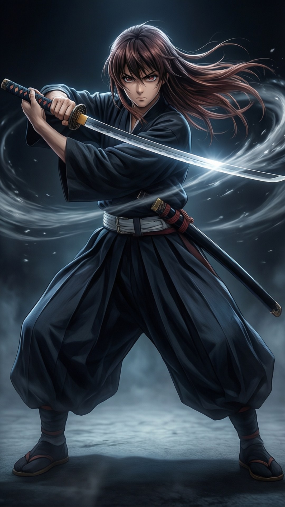 身穿黑色長袍的動漫武士戰士，身後有旋轉的迷霧，手持發光的劍擺出戰鬥姿勢