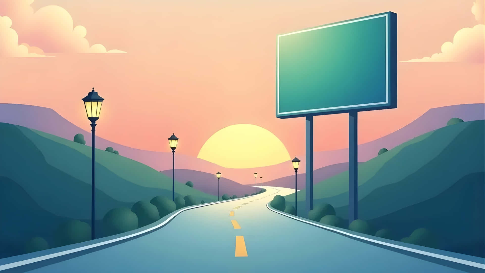  壁紙 — 一條蜿蜒的道路在日落時分穿過起伏的丘陵，發光的街燈和空白廣告牌在粉彩天空下。